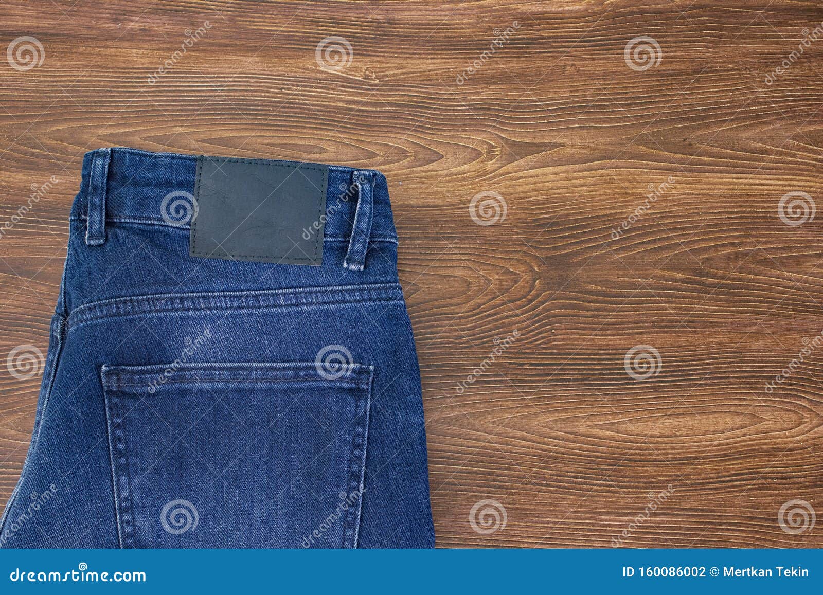 Jeans Label Mockup, Denim Texture, Isolated Wooden Background Stock ...