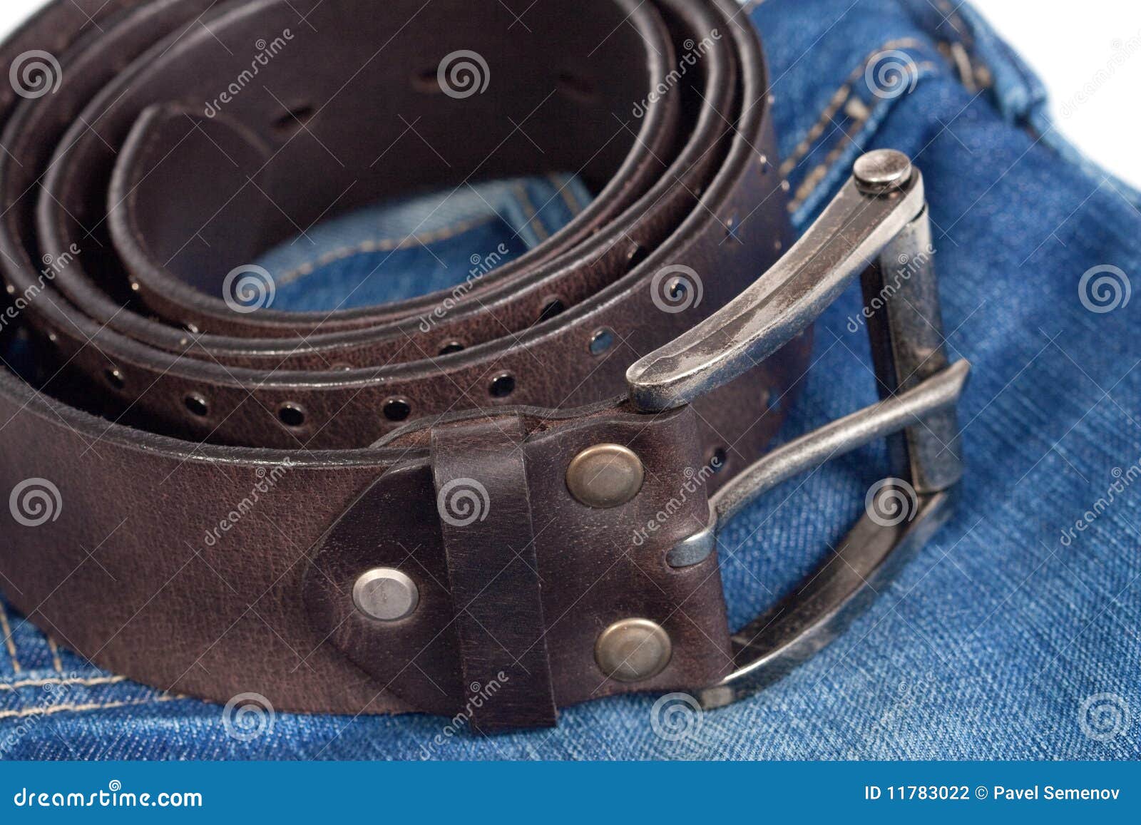 Jeans and leather strap. stock photo. Image of collection 11783022
