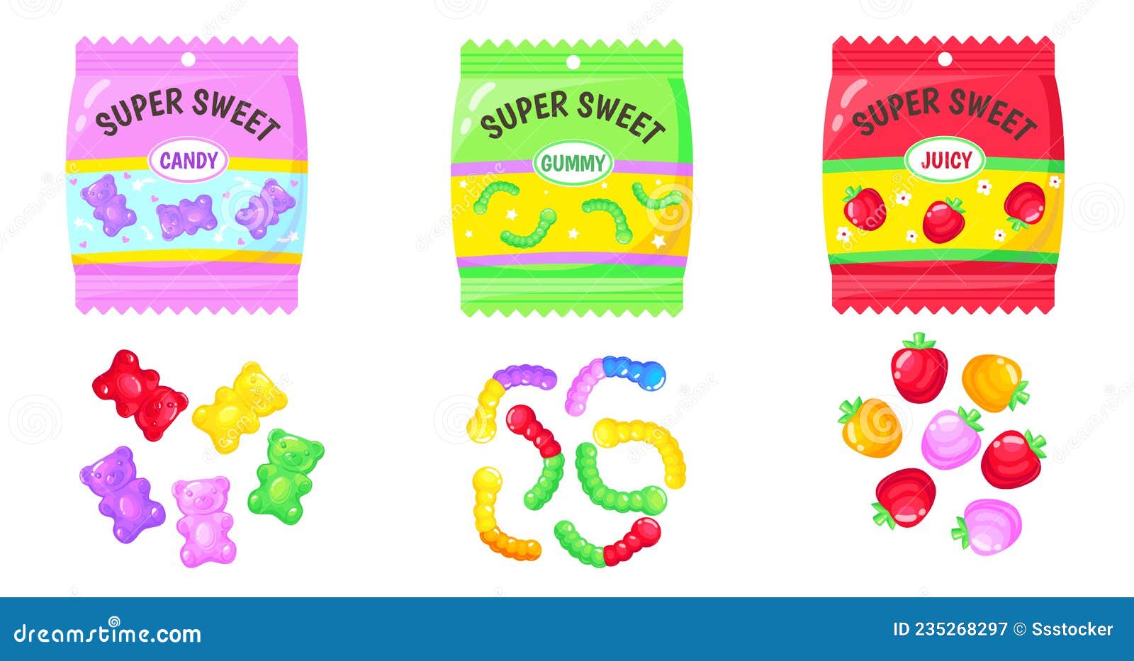 jelly bears pack. mix of gummy candies, marmalade colorful sweets for kids, sugar food, neat cartoon abstract 