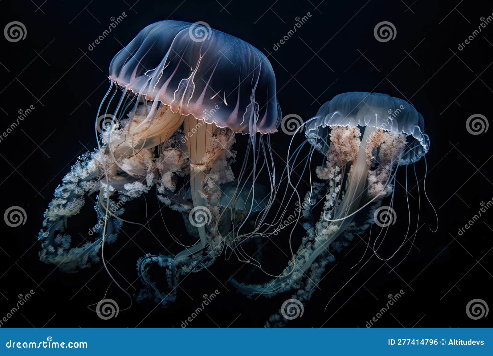 Jellyfish Floating in the Oceanic Abyss, Their Tentacles Drawn in Stock