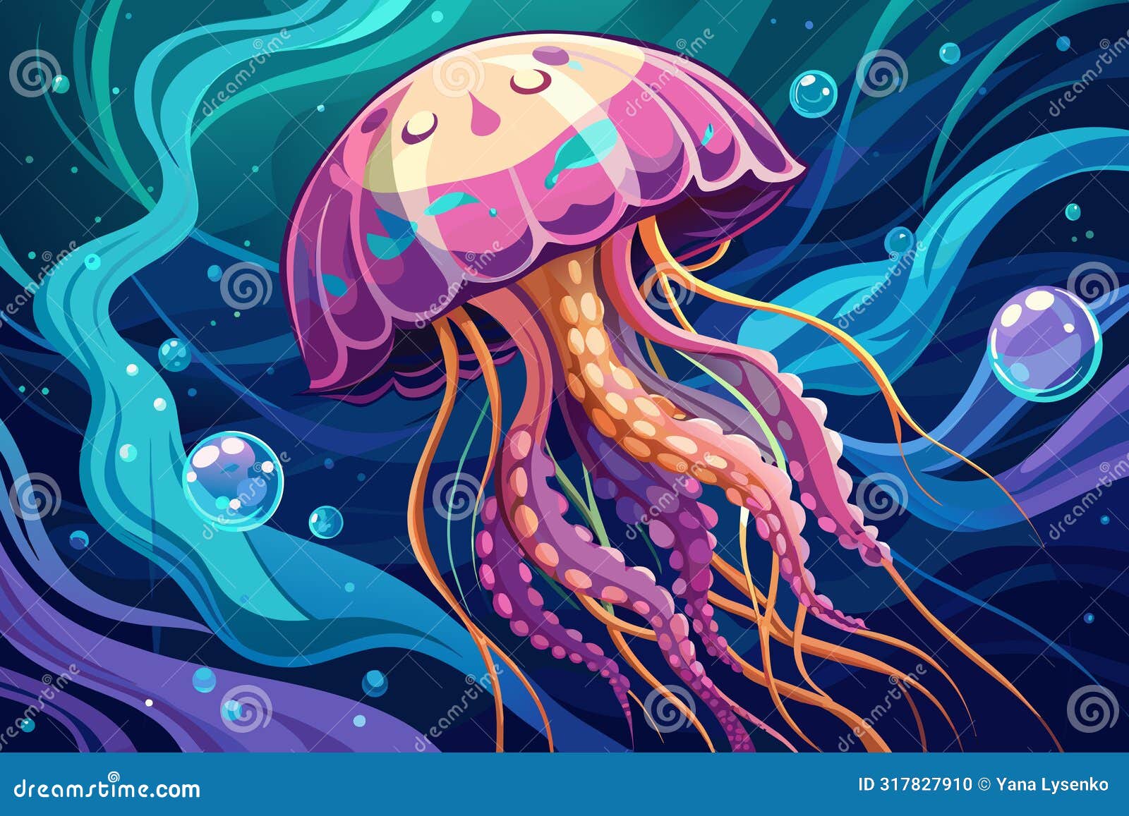 jellyfish with flowing tentacles swimming in the ocean. concept of ocean animal, sea creature. graphic 