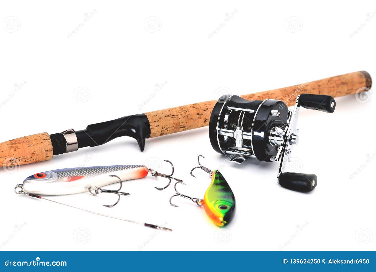 Jerkeys Spinning and Multiplier Reel for Fishing on a White Background  Close-up Stock Photo - Image of wobbler, hobby: 139624250