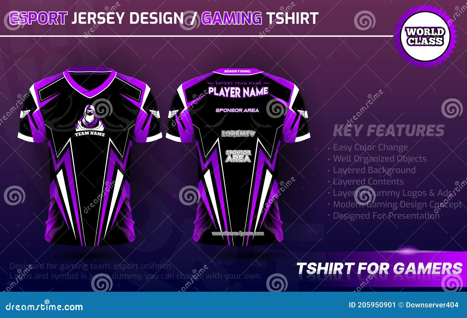 Jersey Template for Esport Team with Purple, Dark and White Color Stock
