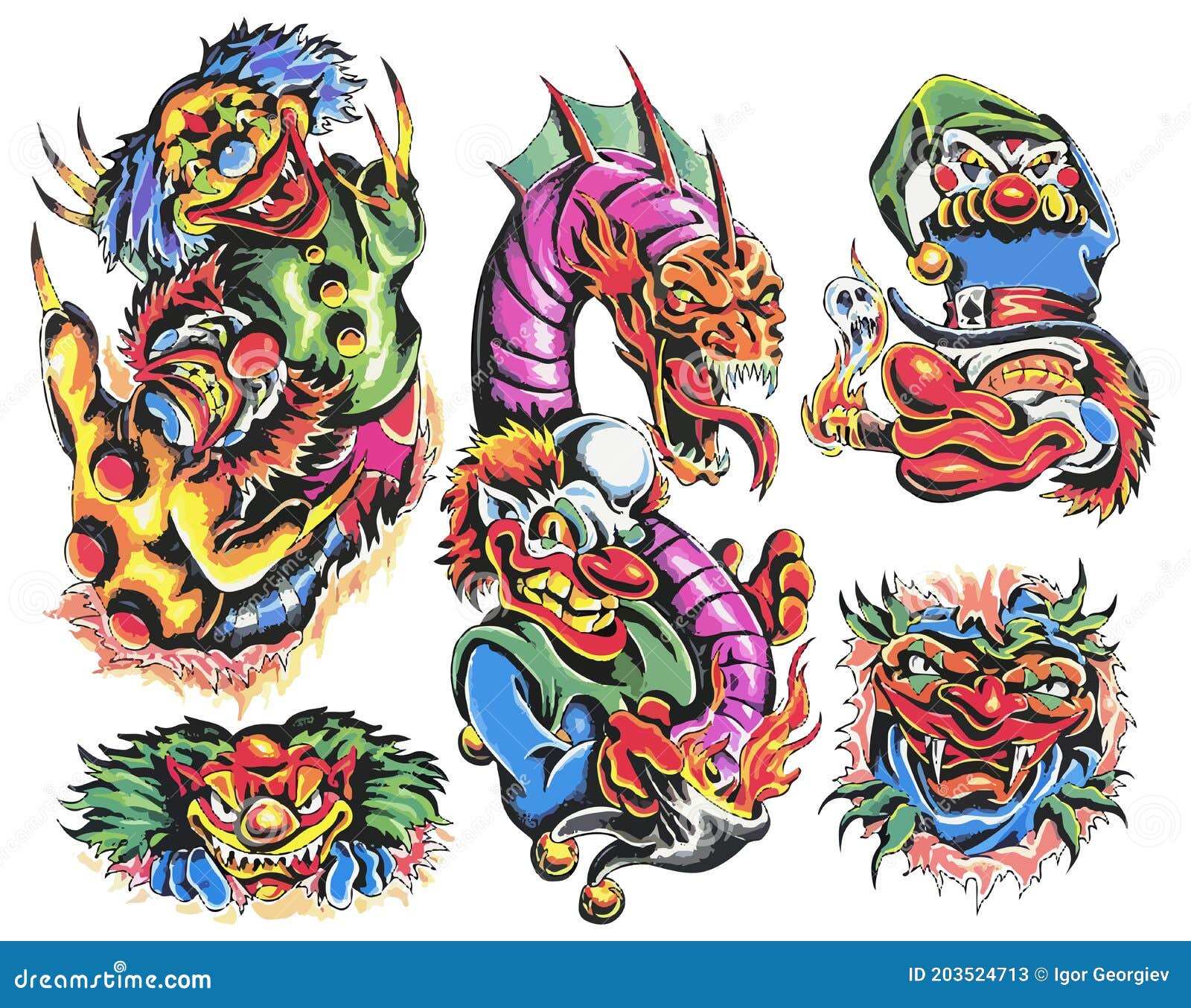 Jester Tattoo Set. Set of Labels and Elements. Vector Set Illustration ...