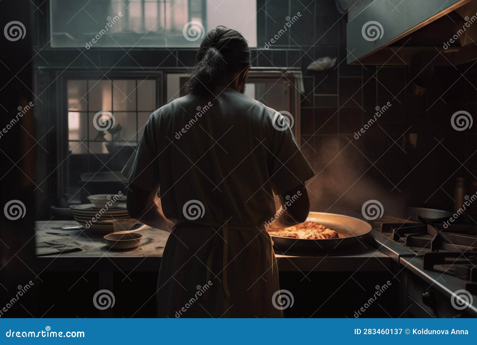 jesus christ cooking in restaurant back view, created with generative ai technology