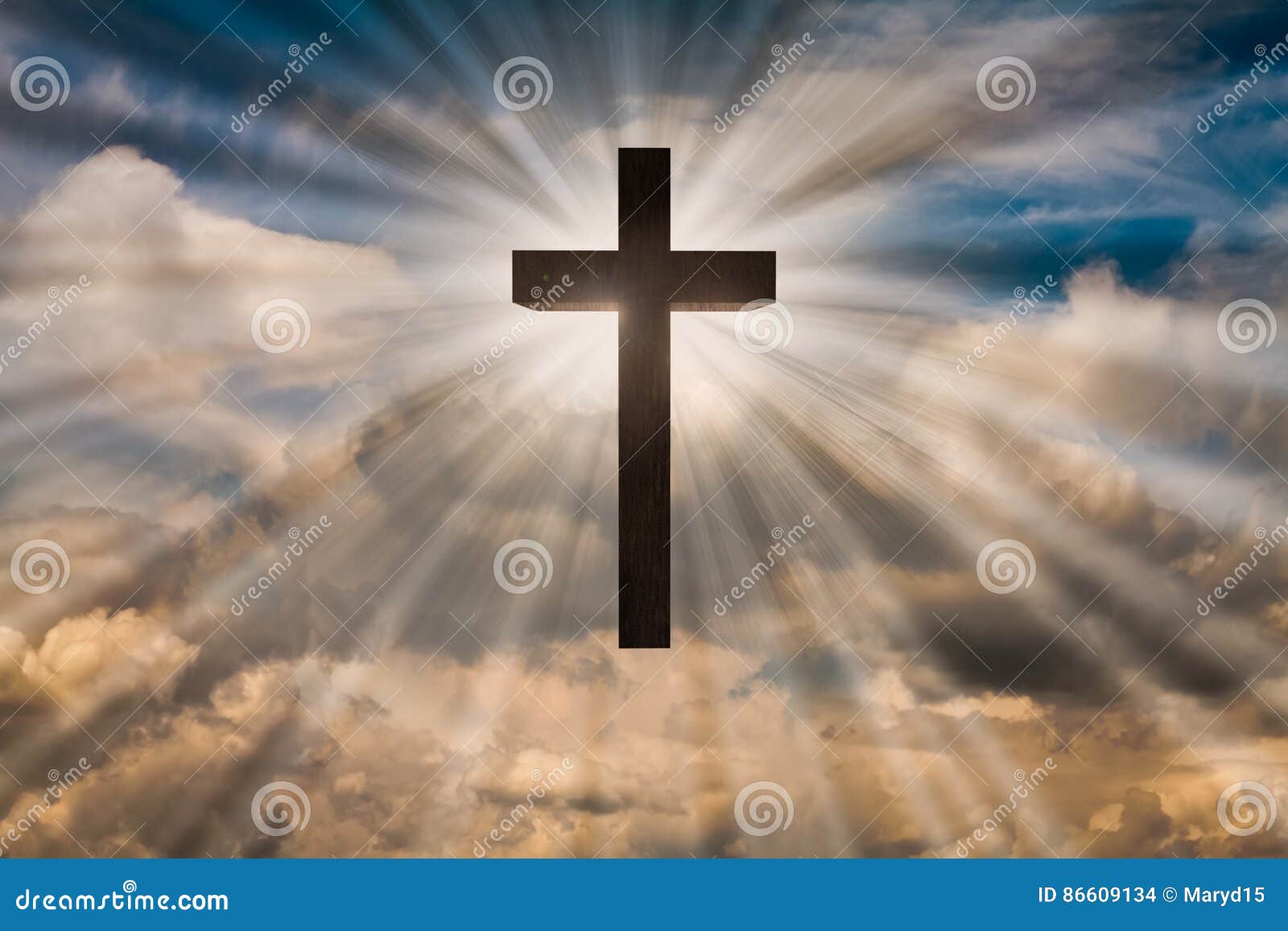 jesus christ cross on a sky with dramatic light, clouds, sunbeams. easter, resurrection, risen jesus concept