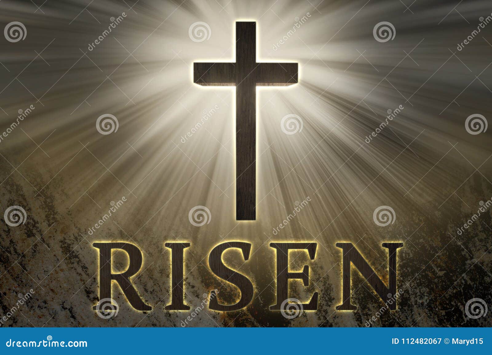 jesus christ cross surrounded by light and risen text on a rock background for easter