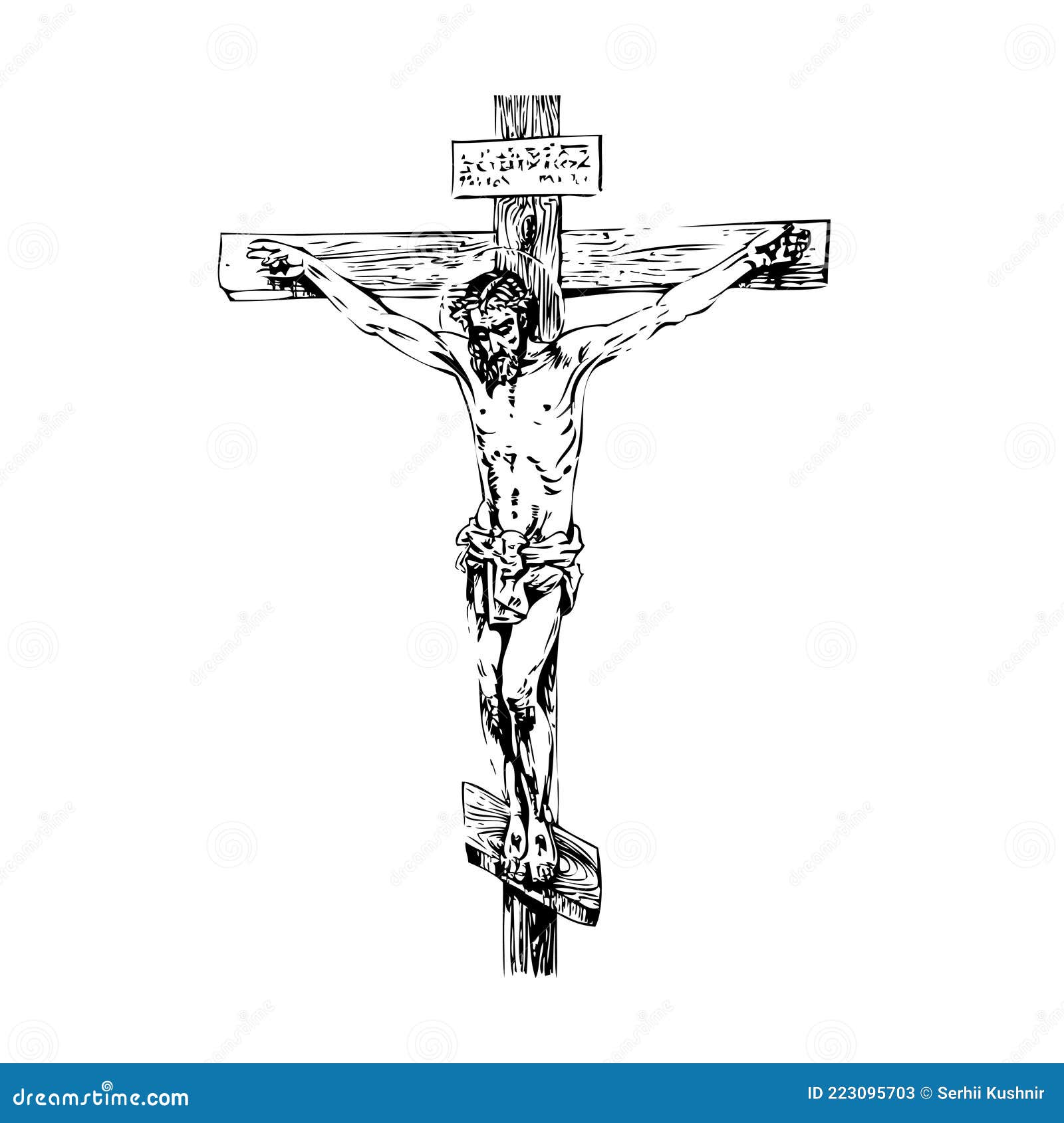 Vector Illustration Of Religious Symbol Crucifix Jesus Christ The Son Of  God In A Crown Of Thorns On His Head A Symbol Of Christianity Cross With  Crucifixion Pencil Drawing Royalty Free SVG