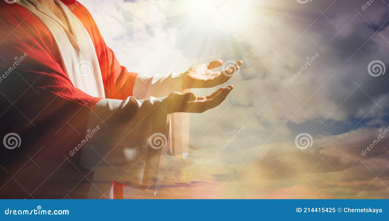 jesus christ reaching out his hands and praying at sunset, banner 