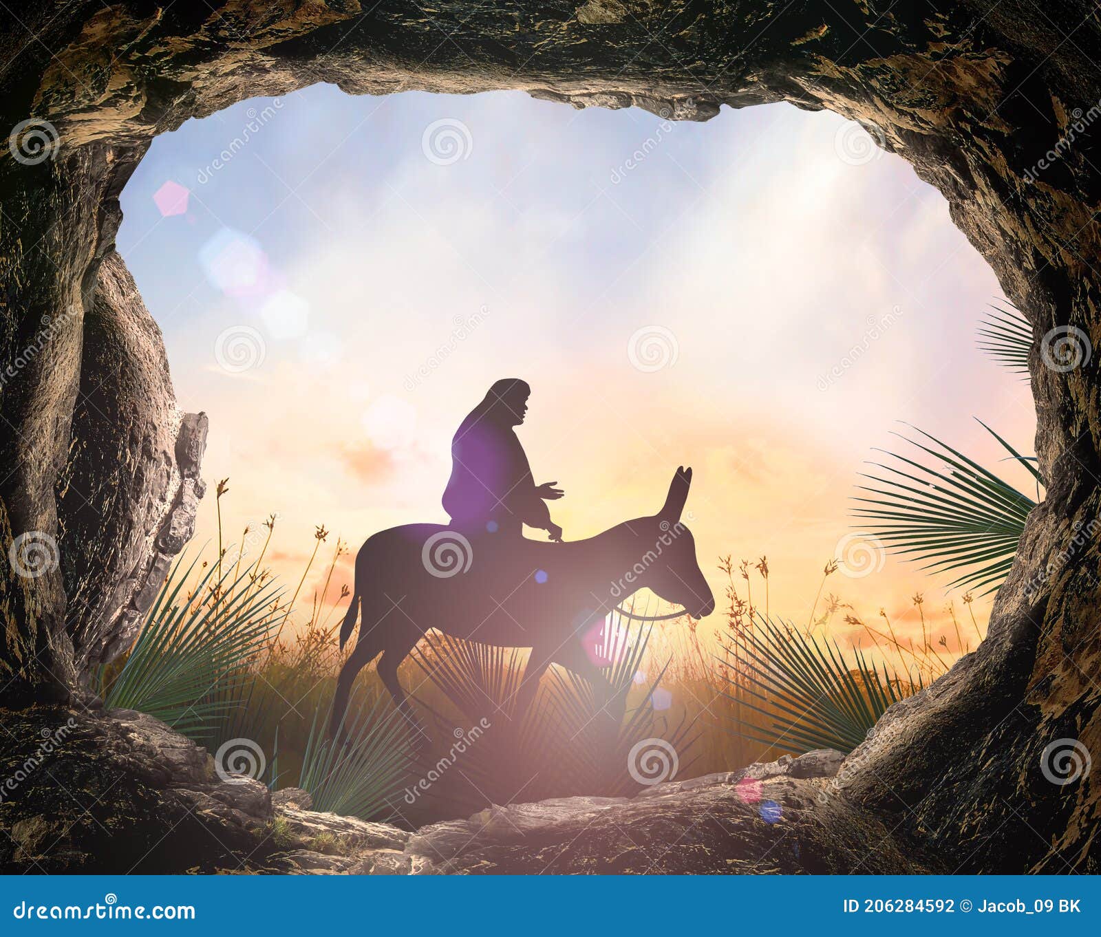 jesus christ riding donkey with tomb stone