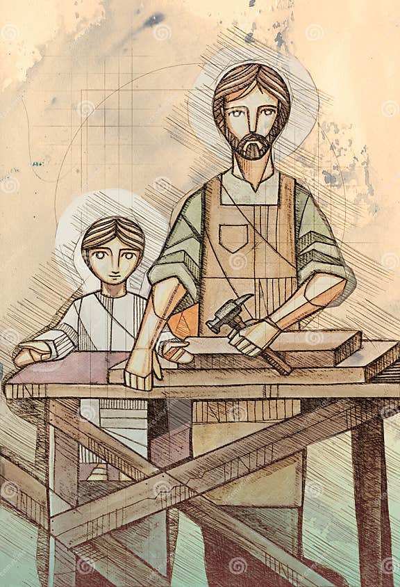 Jesus Como Niño Y Santa Joseph Trabajando Como Carpintero Stock de ...