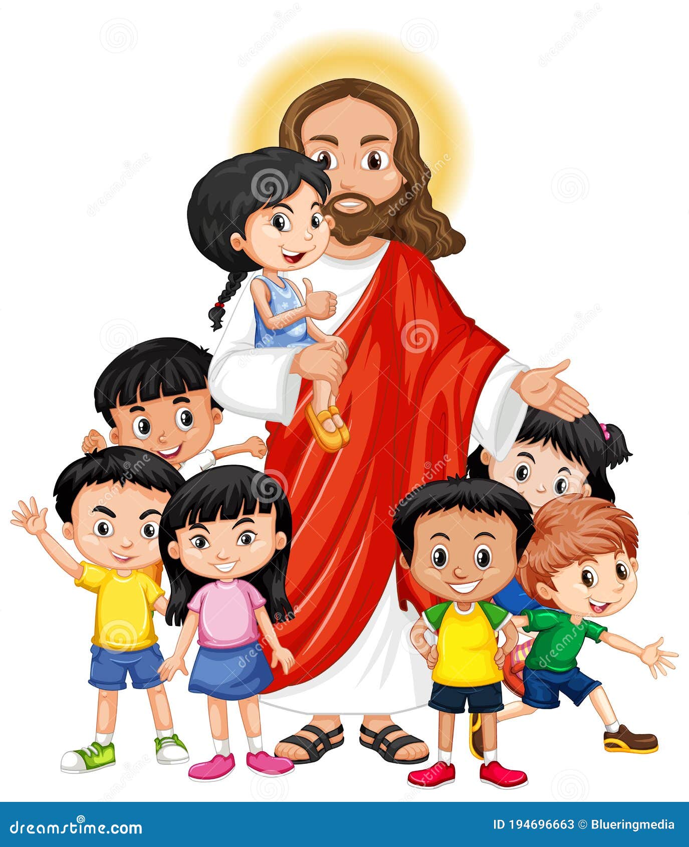 Jesus Con Un Personaje De Dibujos Animados De Un Grupo De Niños Ilustración  del Vector - Ilustración de vector, hembra: 194696663