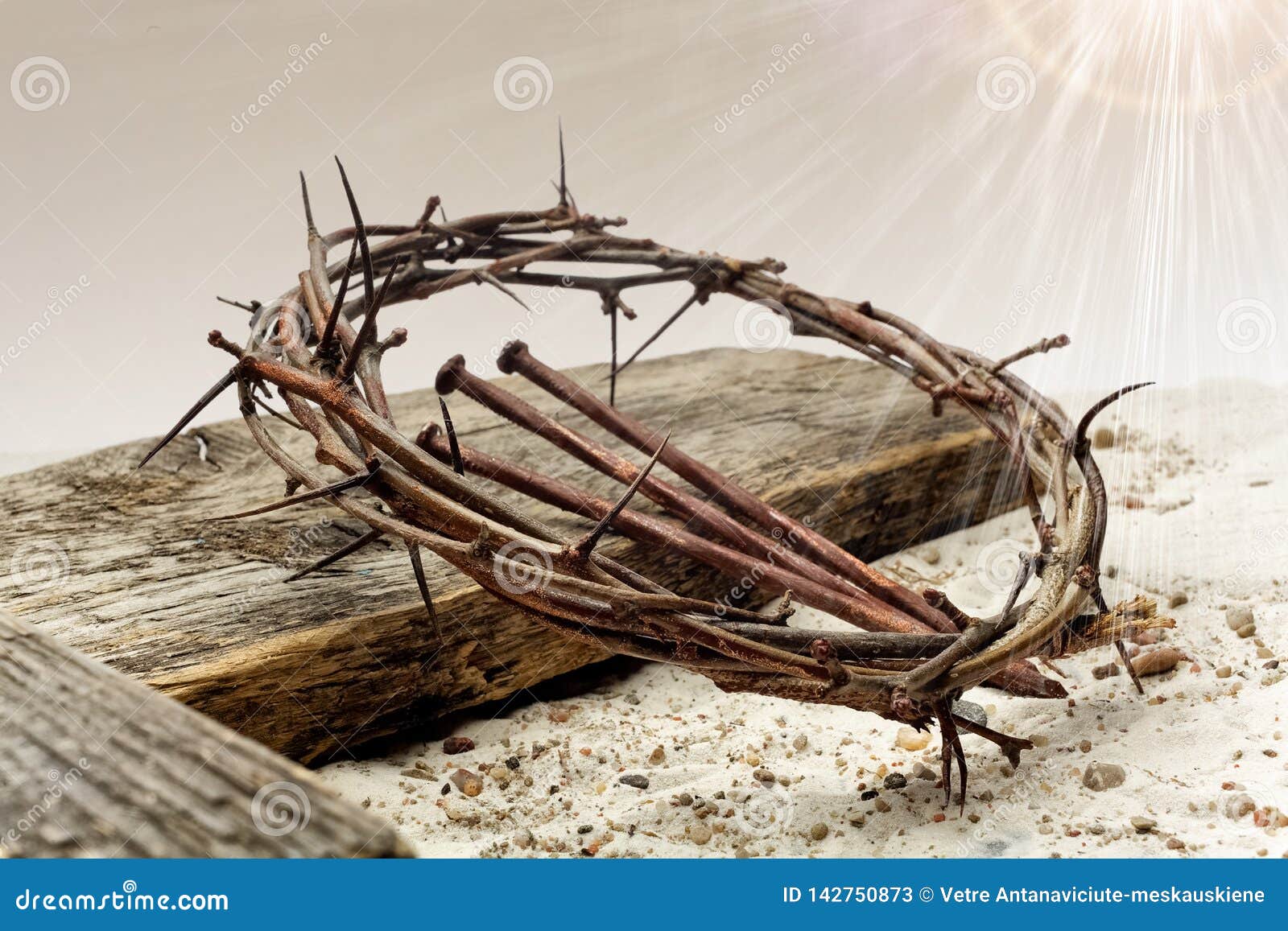 Jesus Crown Of Thorns And Cross On Sand. Vintage Retro Style. Stock