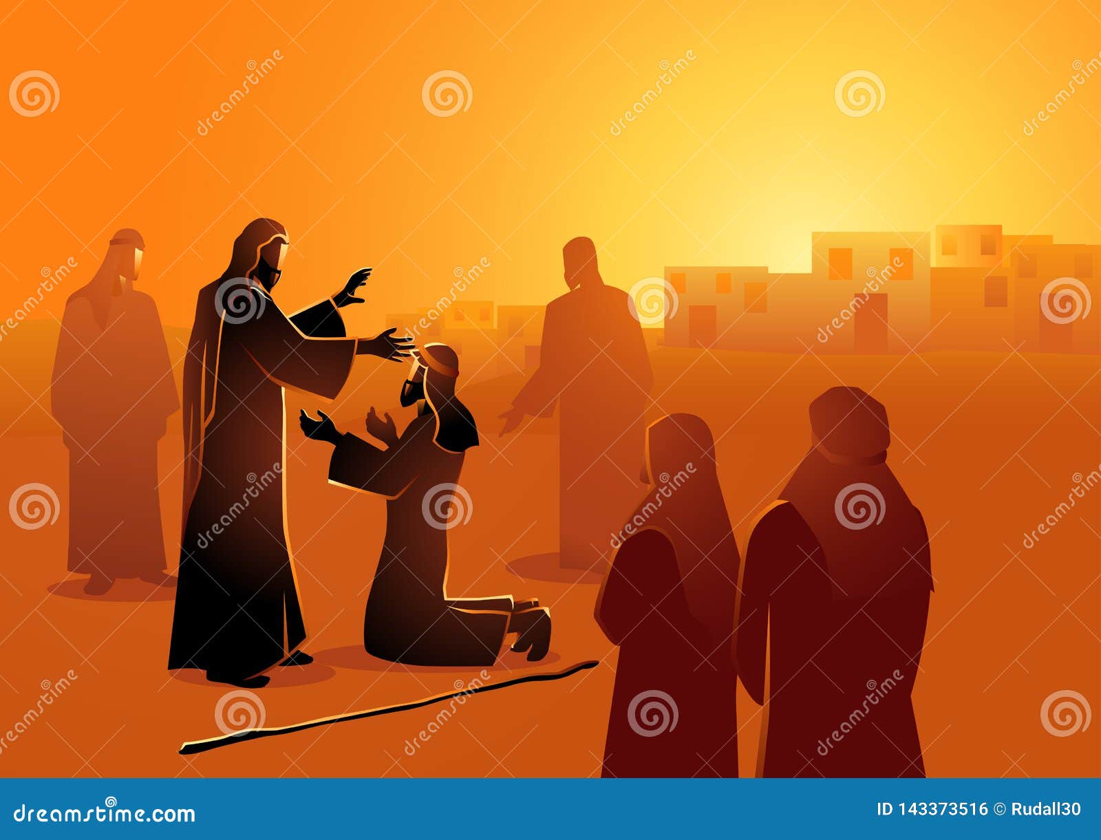 Jesus heals the blind man stock vector. Illustration of help - 143373516