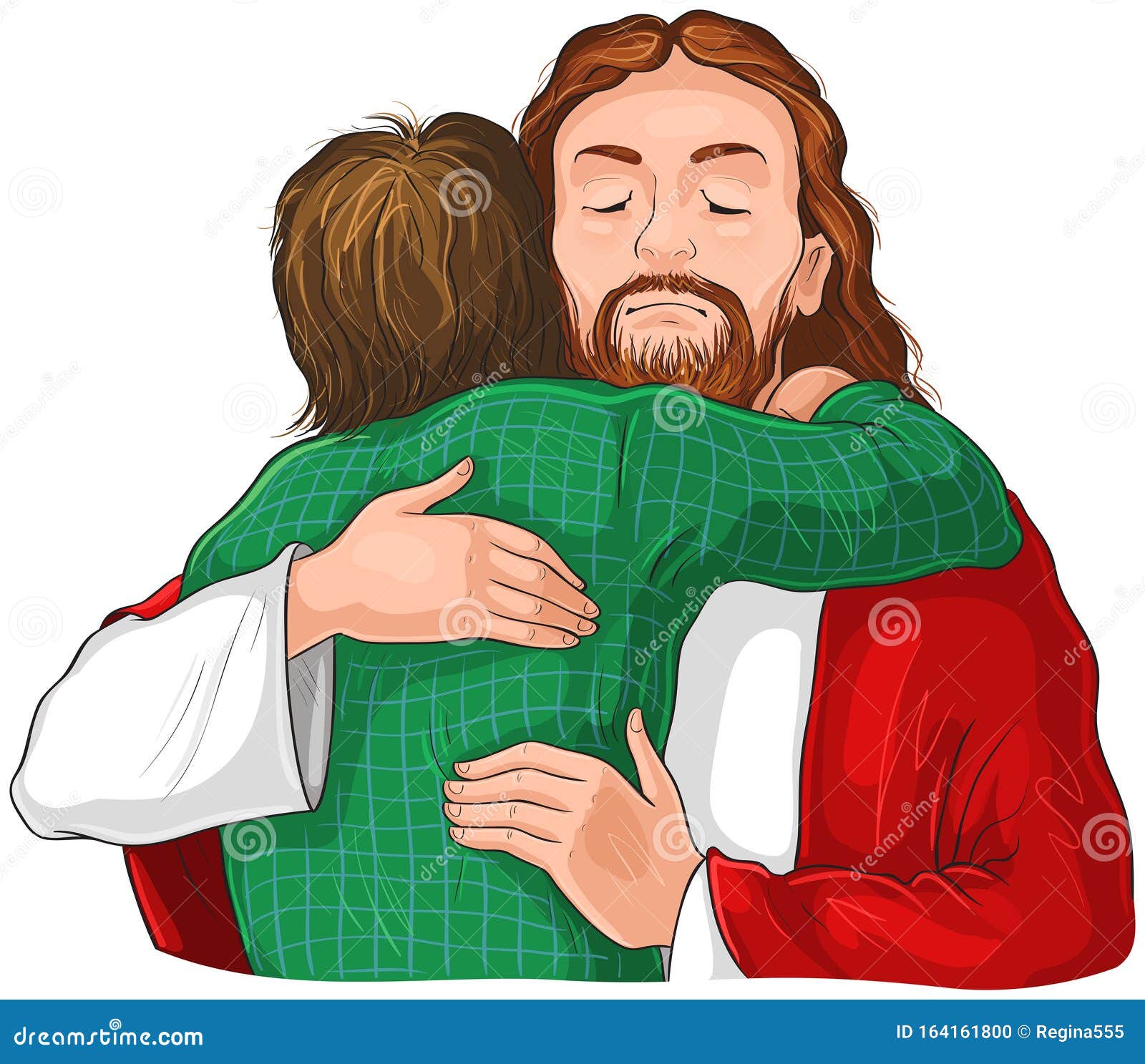 jesus hugging child image.  cartoon christian   on white. also available black and white version