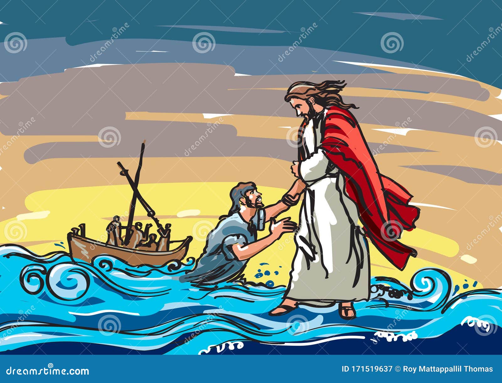 jesus saving peter from the sea colour 