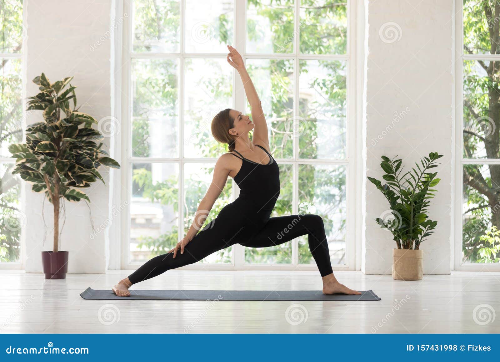 Jeune Femme Pratiquant Le Yoga, Pose Reverse Warrior, Virabhadrasana Photo  stock - Image du gens, muscle: 157431998