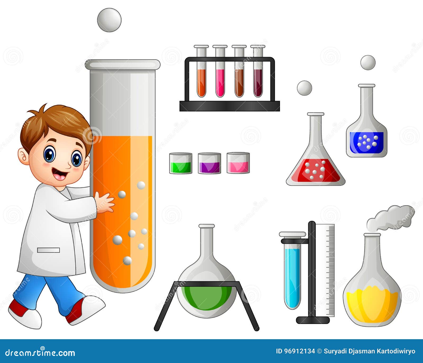 dessin animé garçon scientifique tenant une fiole en laboratoire