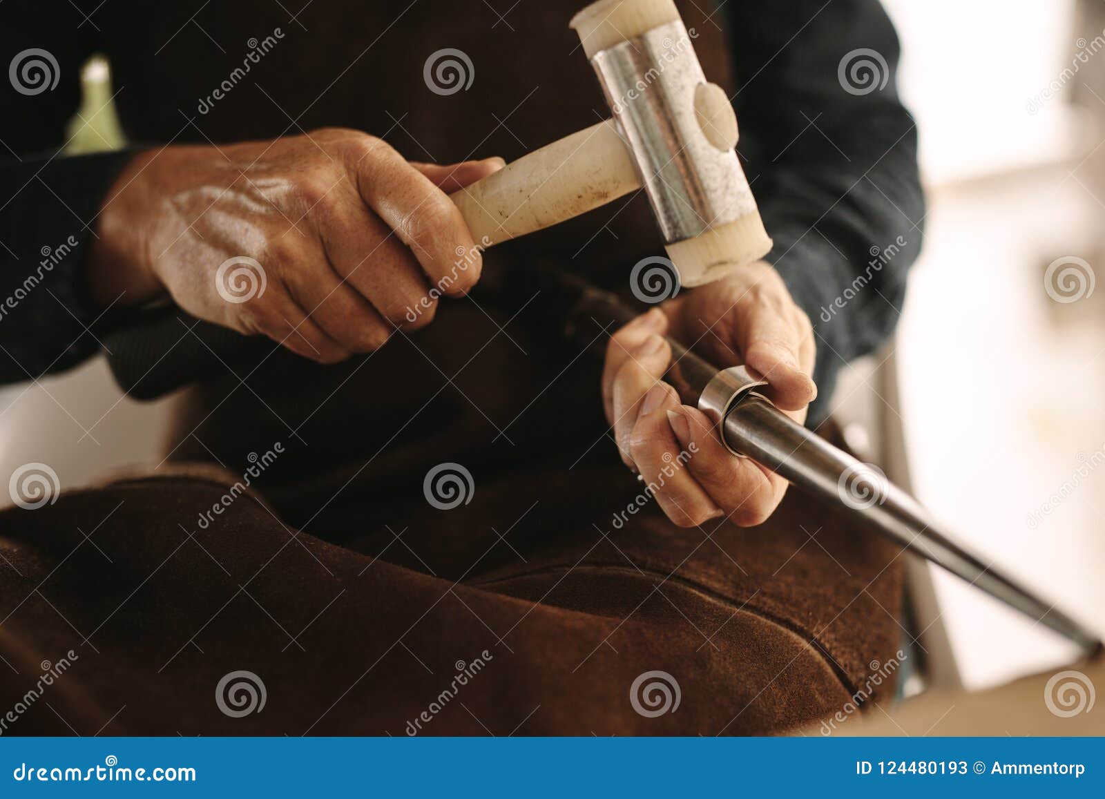 Jeweler Working with the Hammer on Silver Ring Stock Image Image of