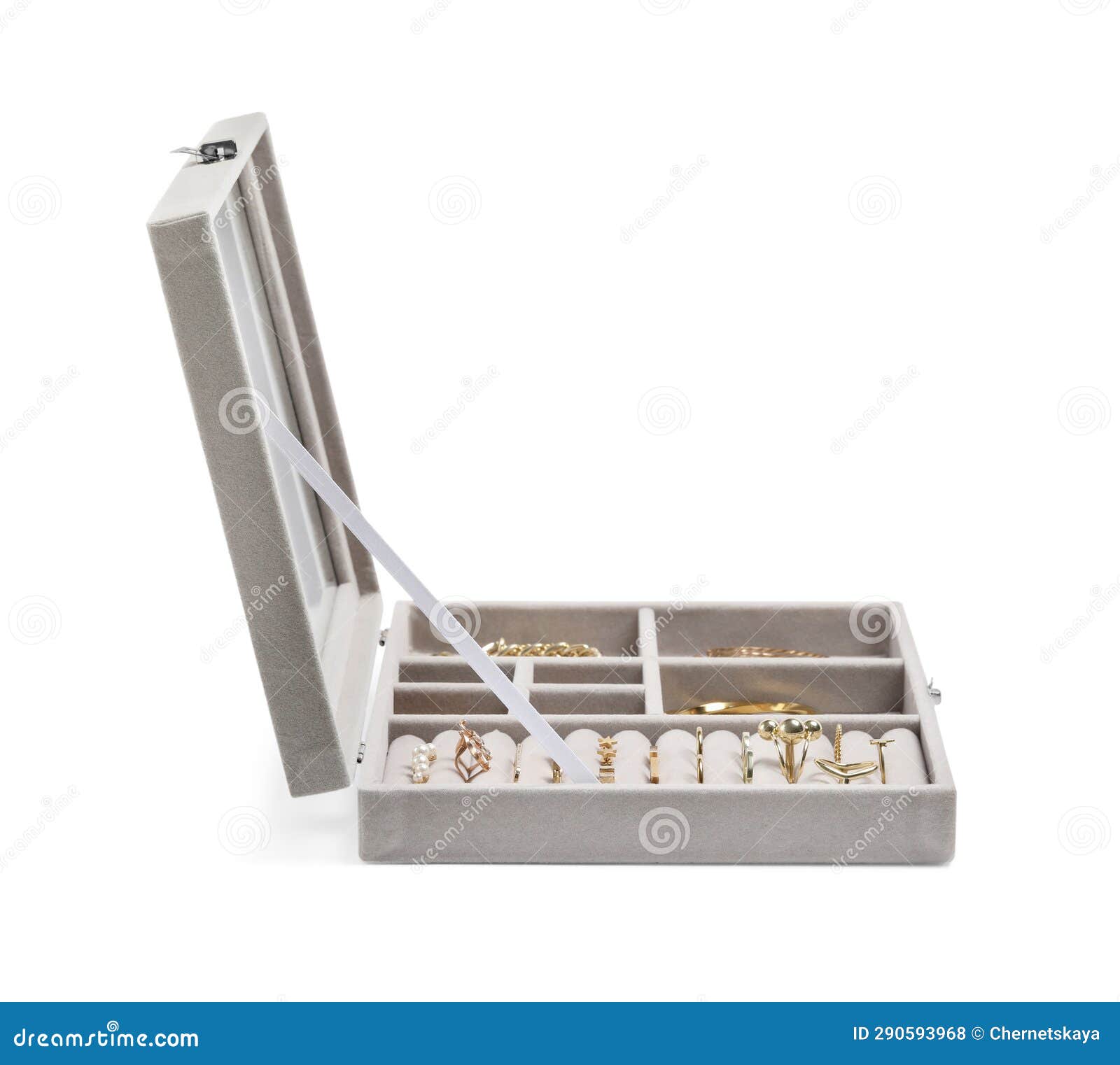 Jewelry Box with Many Different Golden Accessories Isolated on White