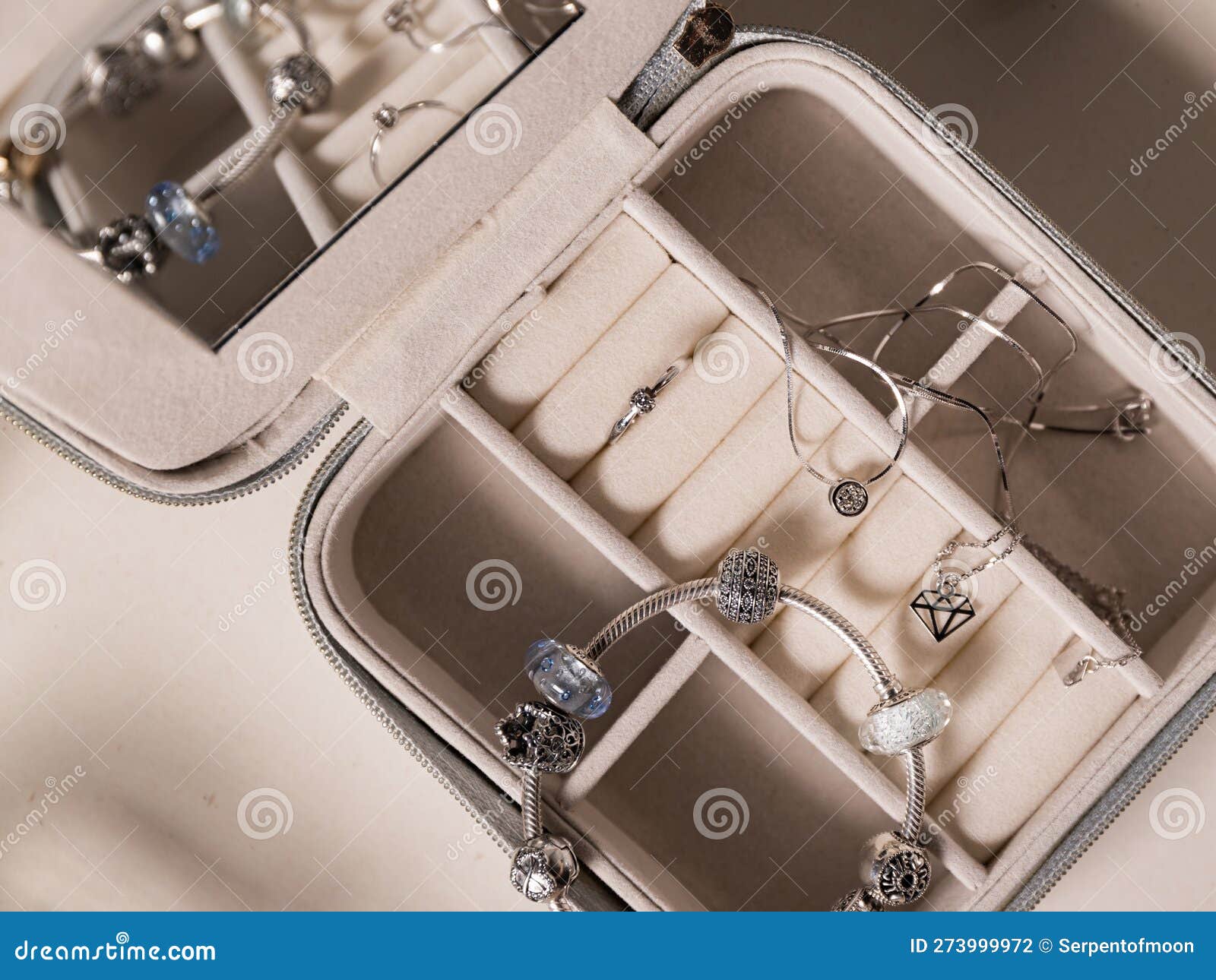 Jewelry Box with White Gold, Silver and Diamonds. Stock Photo Image