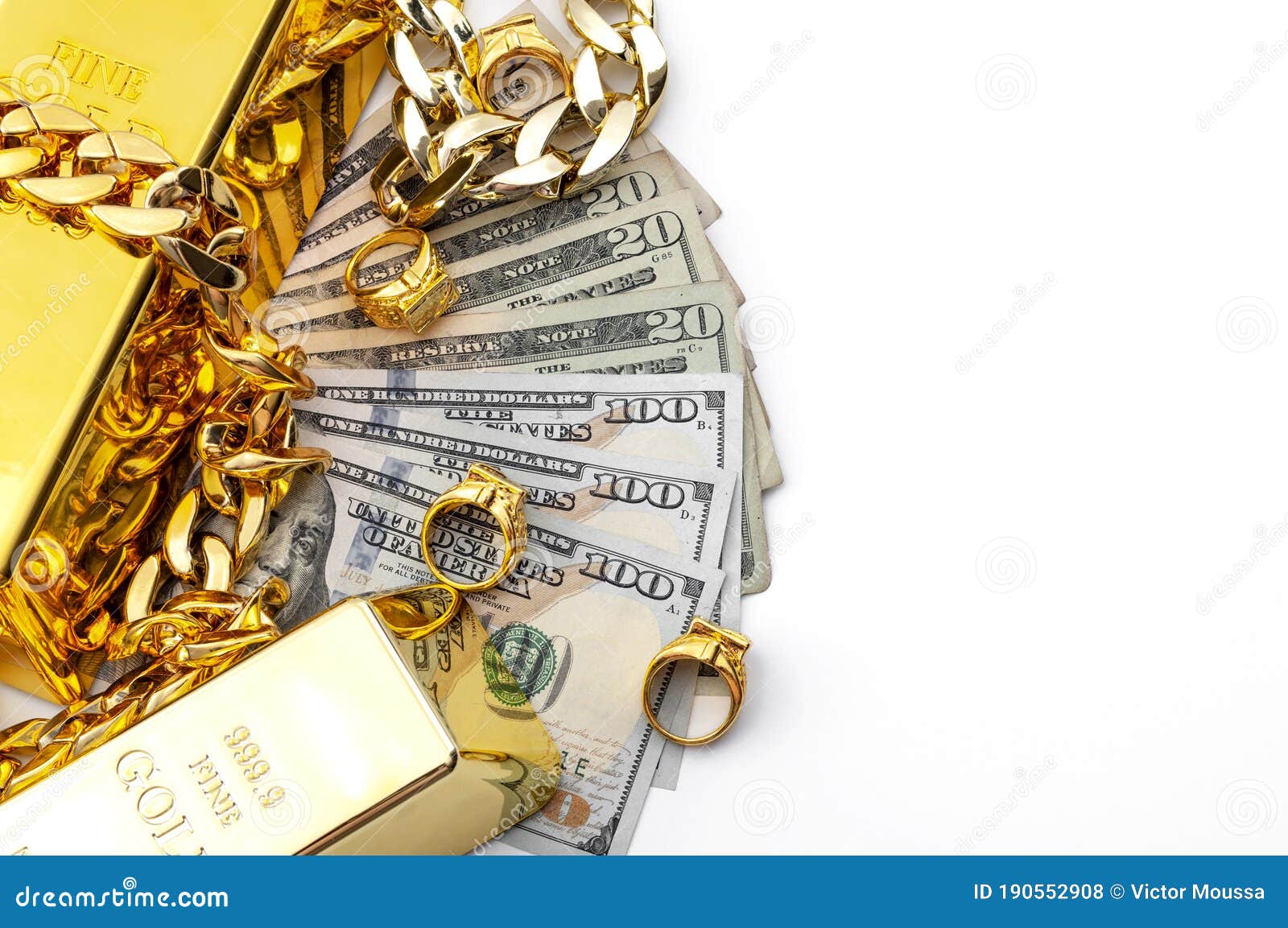 jewelry buyer, pawn shop and buy and sell precious metals concept theme with a pile of cash in us dollars, golden rings, necklace