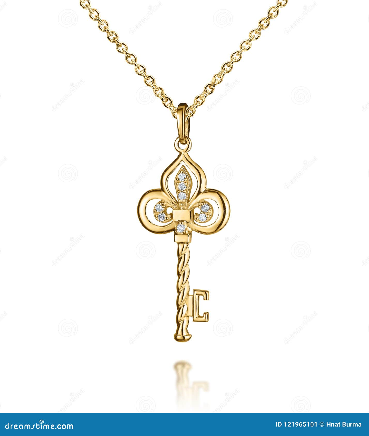 Jewelry Golden Pendant with Diamonds, Key, Golden Chain, Yellow Gold