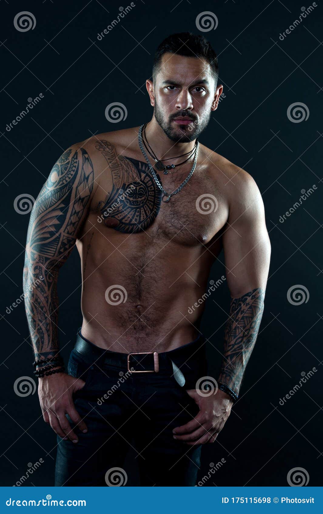 Jewelry for Real Men. Bearded Man with Tattooed Torso. Macho Bare Torso.  Fit Model with Tattoo Art Skin Stock Photo - Image of sexual, accessory:  175115698