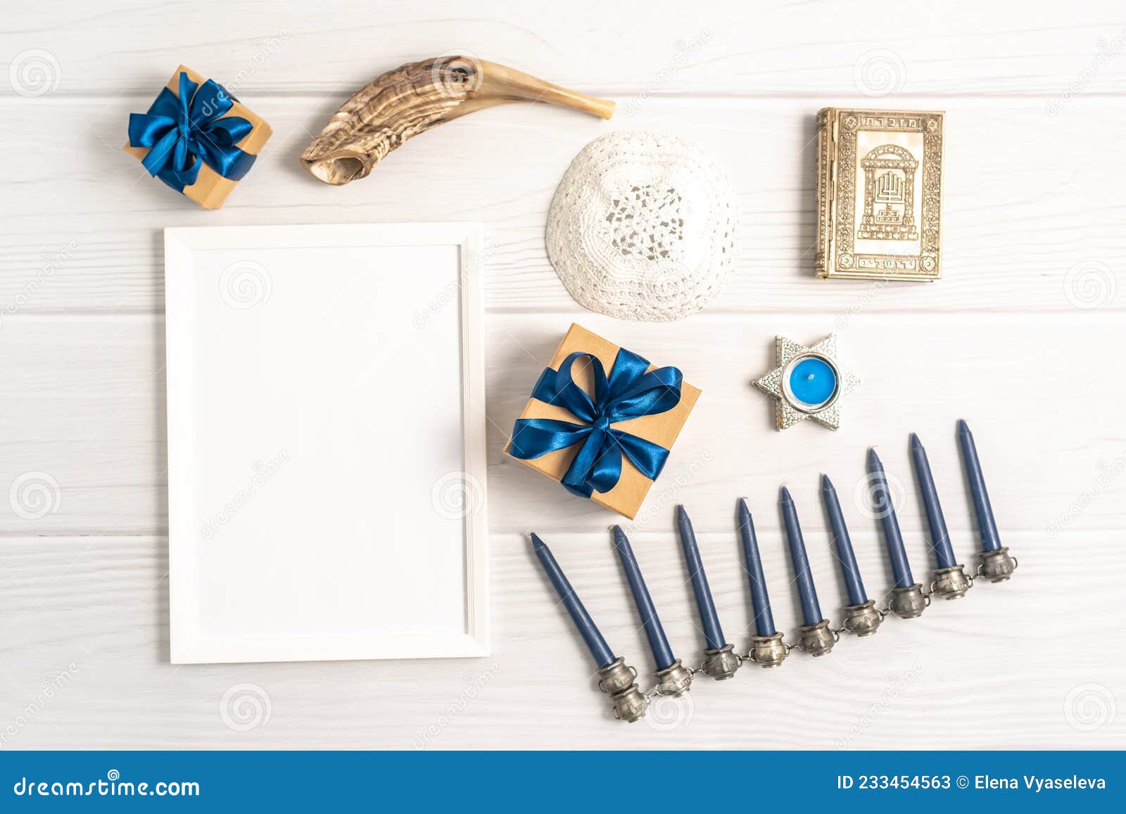 hanukkah menorah and objects for mockup template . flat lay