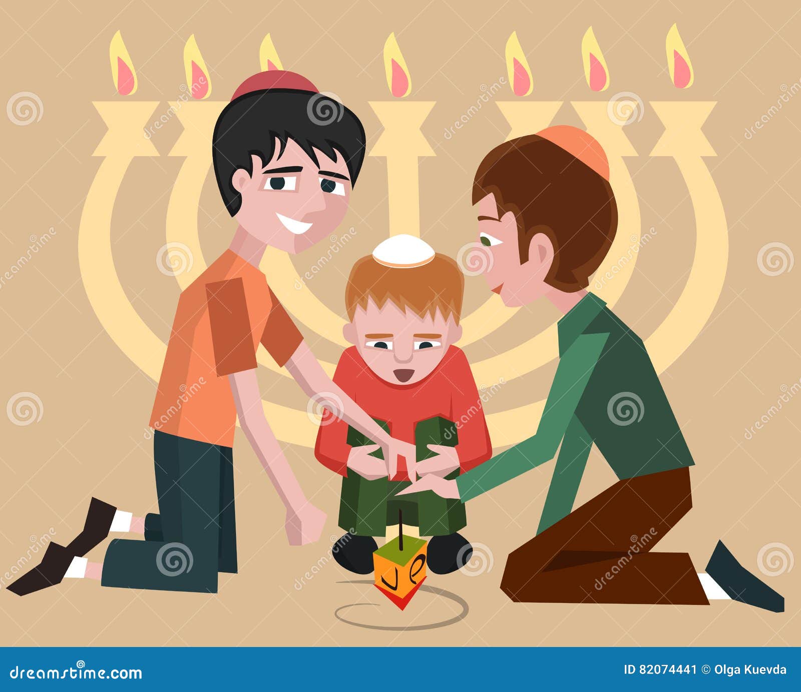 Jewish Kids with Spinning Top, Hanukkah Symbol Stock Vector ...