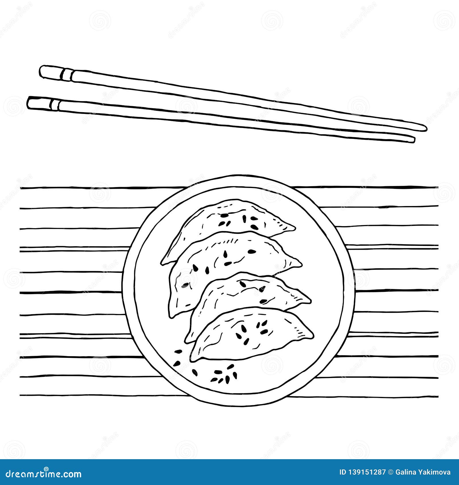 Download Jiaozi And Sesame With Chopsticks And Bamboo Mat - Chinese Dumpling, Vector Black And White ...
