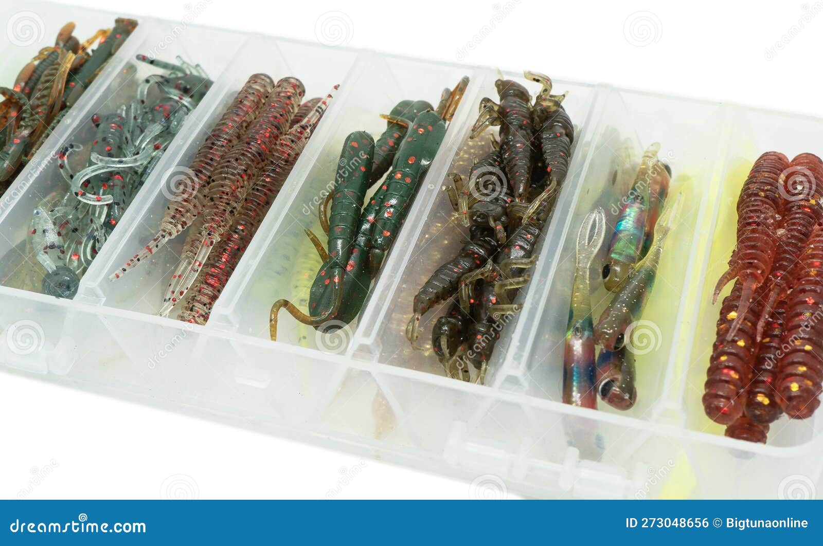 Jig Silicone Fishing Lures in Plastic Tackle Lure Box. Silicone Fishing  Baits Isolated. Colorful Baits. Fishing Spinning Bait Stock Photo - Image  of hook, underwater: 273048656