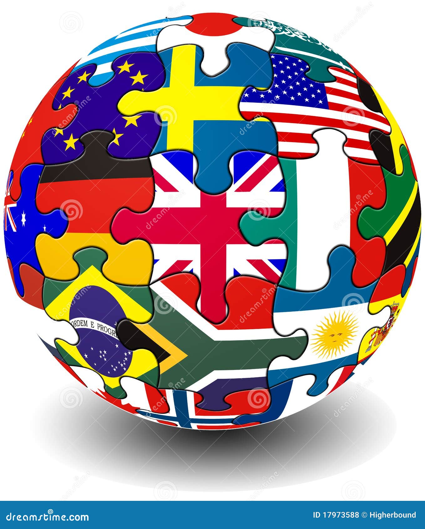 Jigsaw flag globe. Jigsaw pieces bearing flags in the shape of a globe