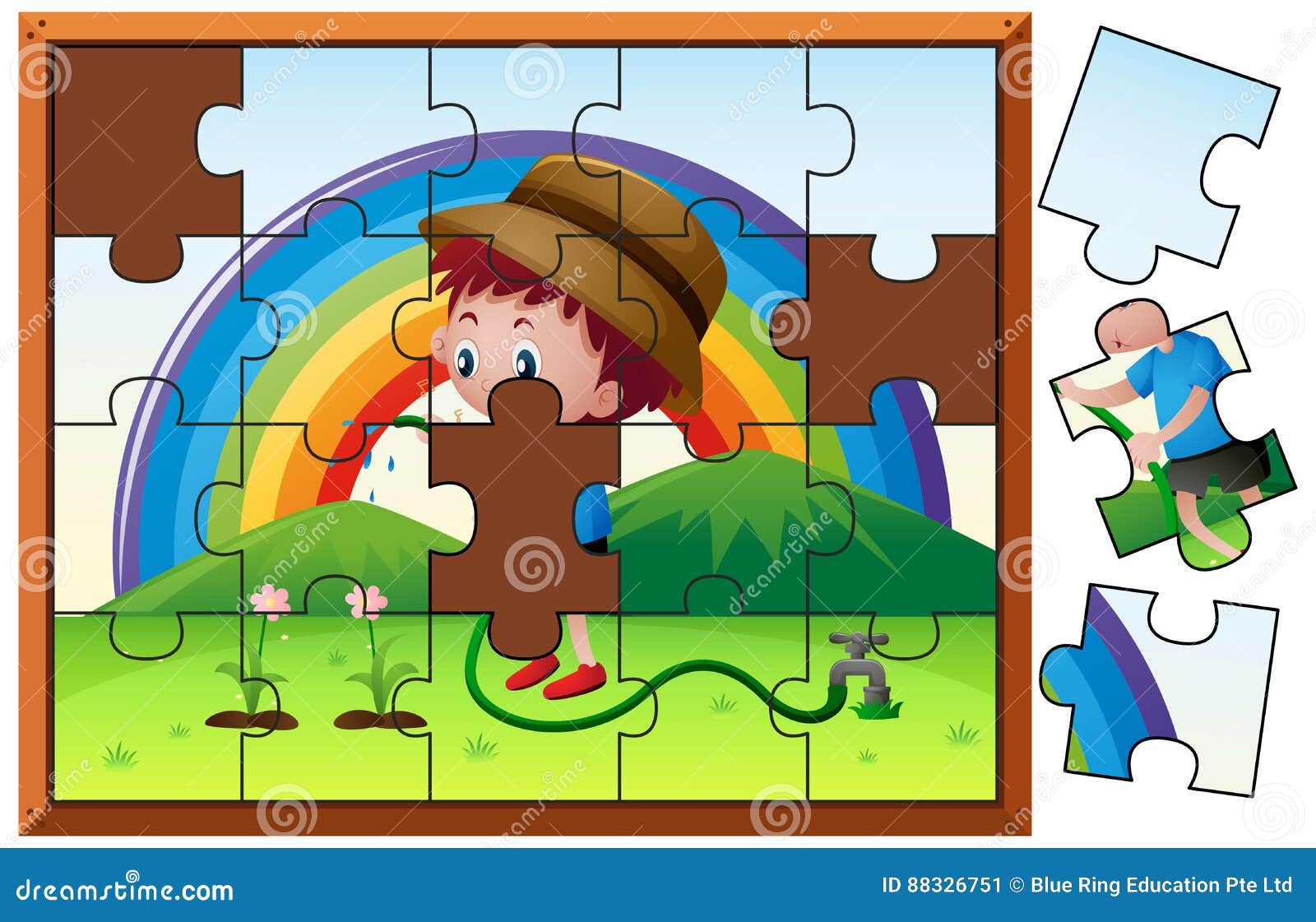 Jigsaw Puzzle Game with Boy Watering Flower Stock Vector Illustration