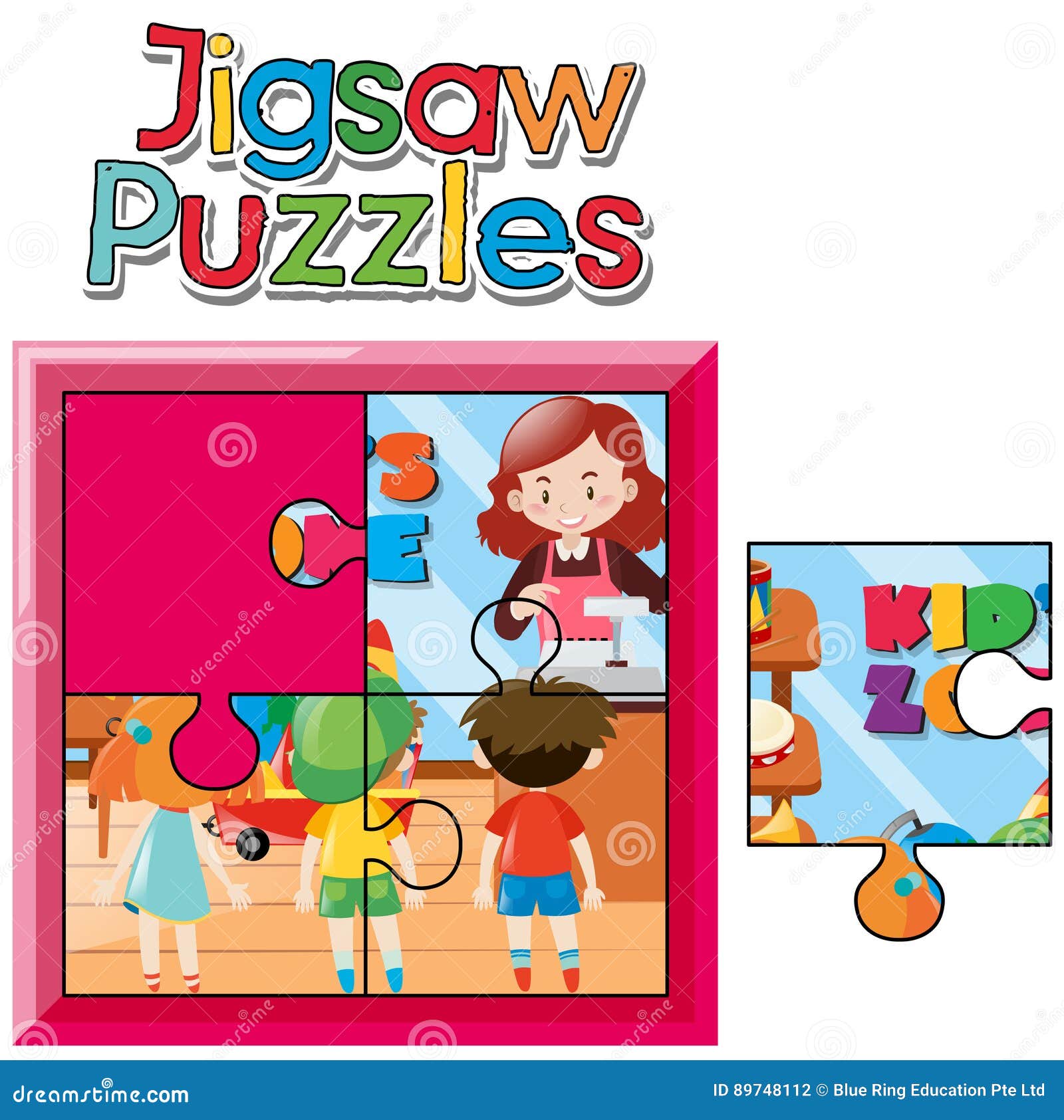Jigsaw Puzzle Game with Kids in Shop Stock Vector Illustration of