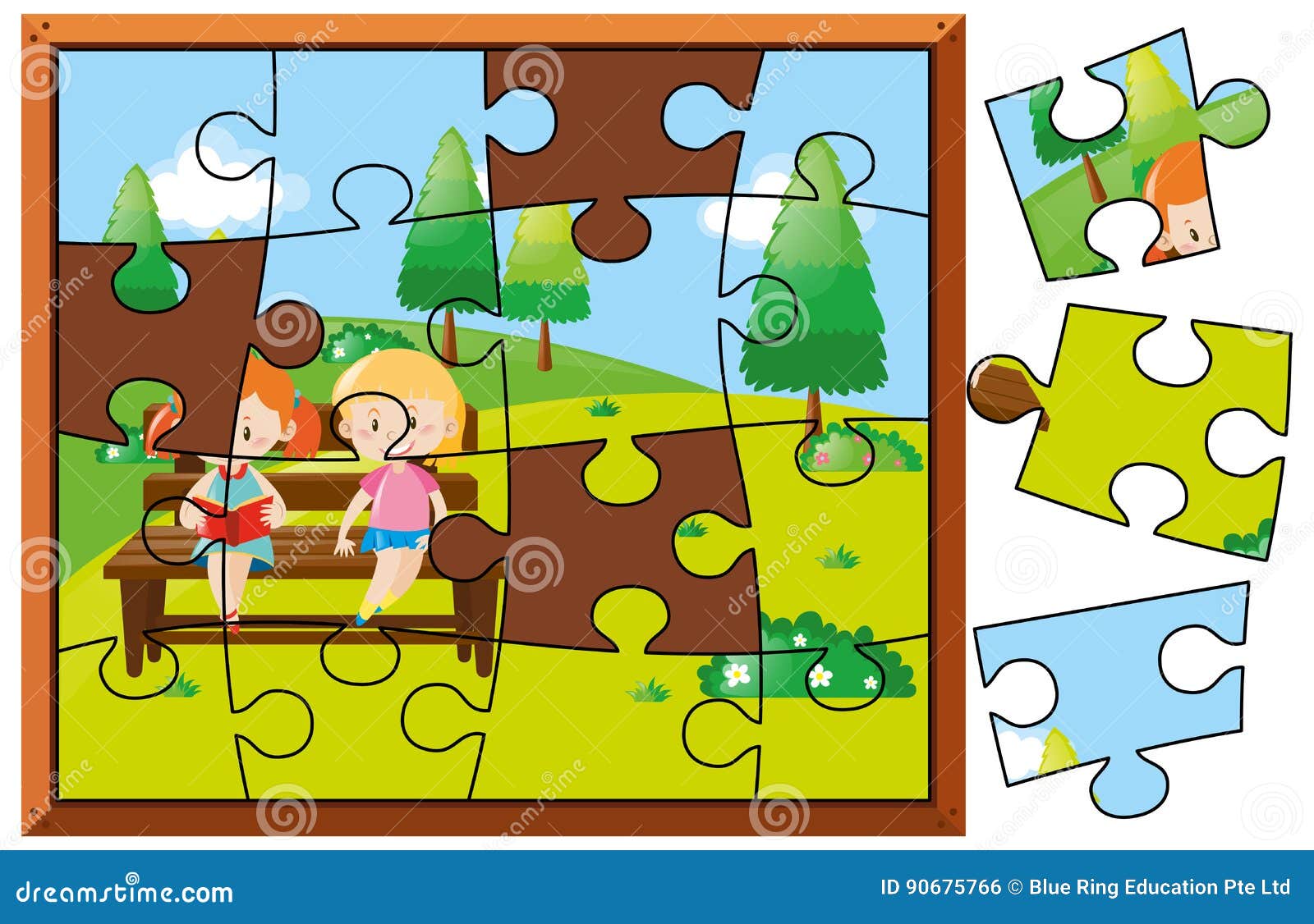 Jigsaw puzzle game with kids in park Royalty Free Vector