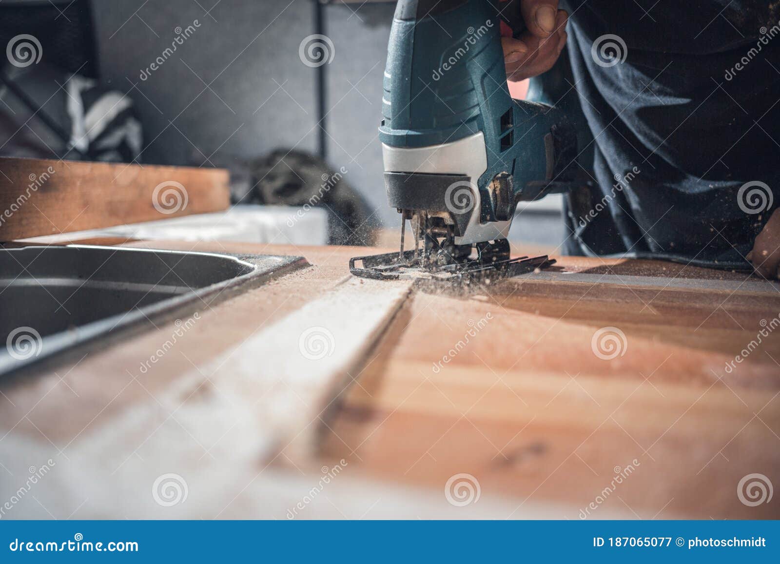 Jigsaw Sawing through a Wooden Countertop Stock Image Image of close, equipment 187065077