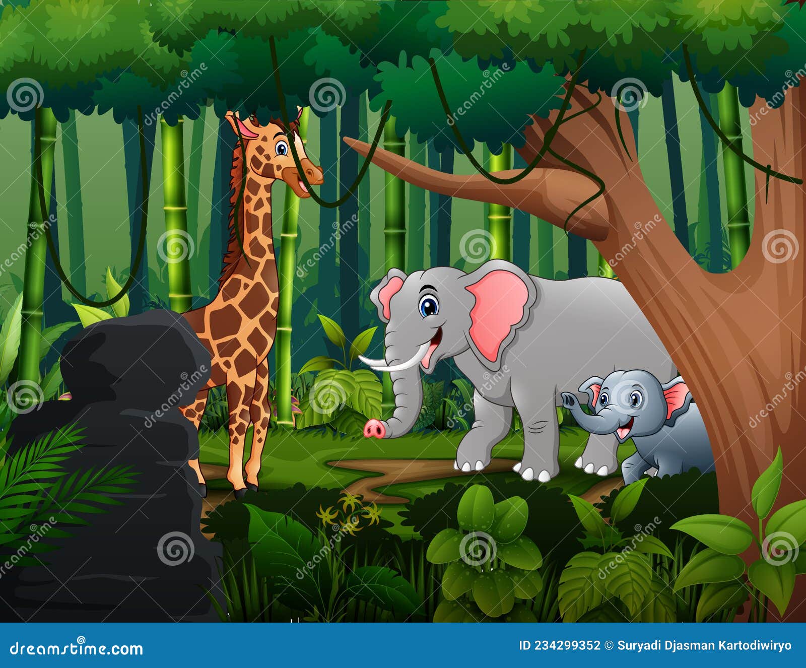 Jirafa De Dibujos Animados Y Elefantes Que Viven En La Selva Ilustración  del Vector - Ilustración de hermoso, hoja: 234299352