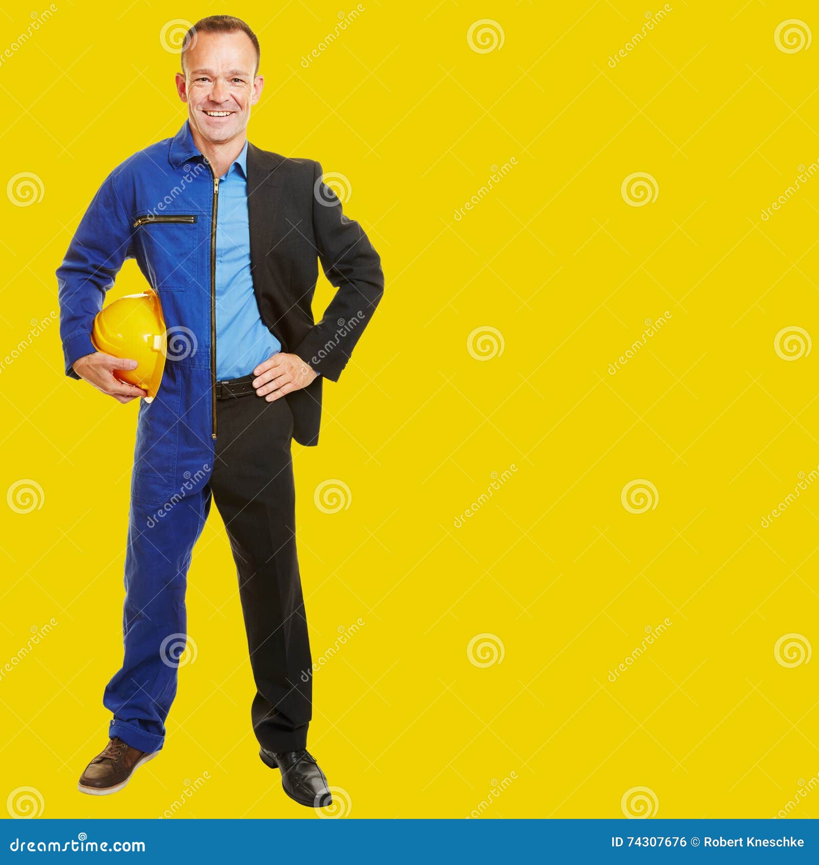 Job Change from Blue Collar Worker To White Collar Manager Stock Photo