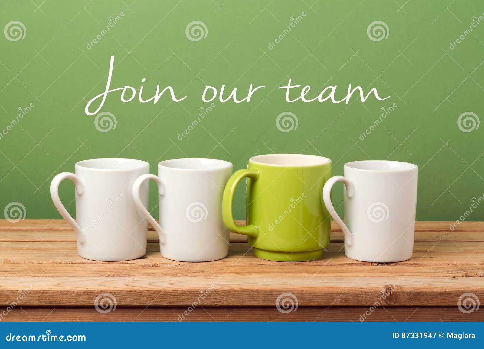 job recruit concept with coffee cups and text `join our team`. business background