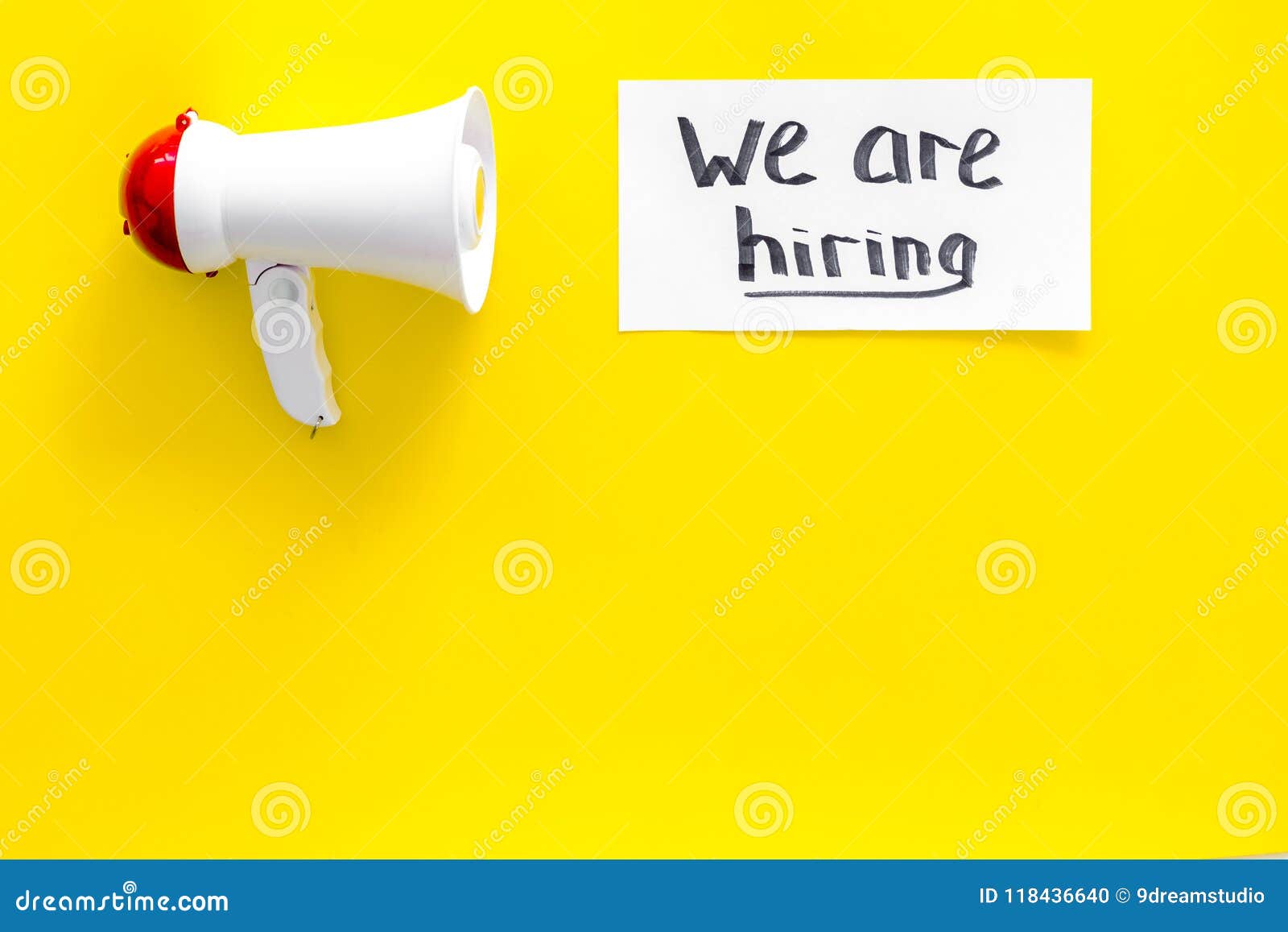 Job Recruiting Advertisement. we are Hiring Lettering Near Megaphone on  Yellow Background Top View Copy Space Stock Photo - Image of employment,  copy: 118436640