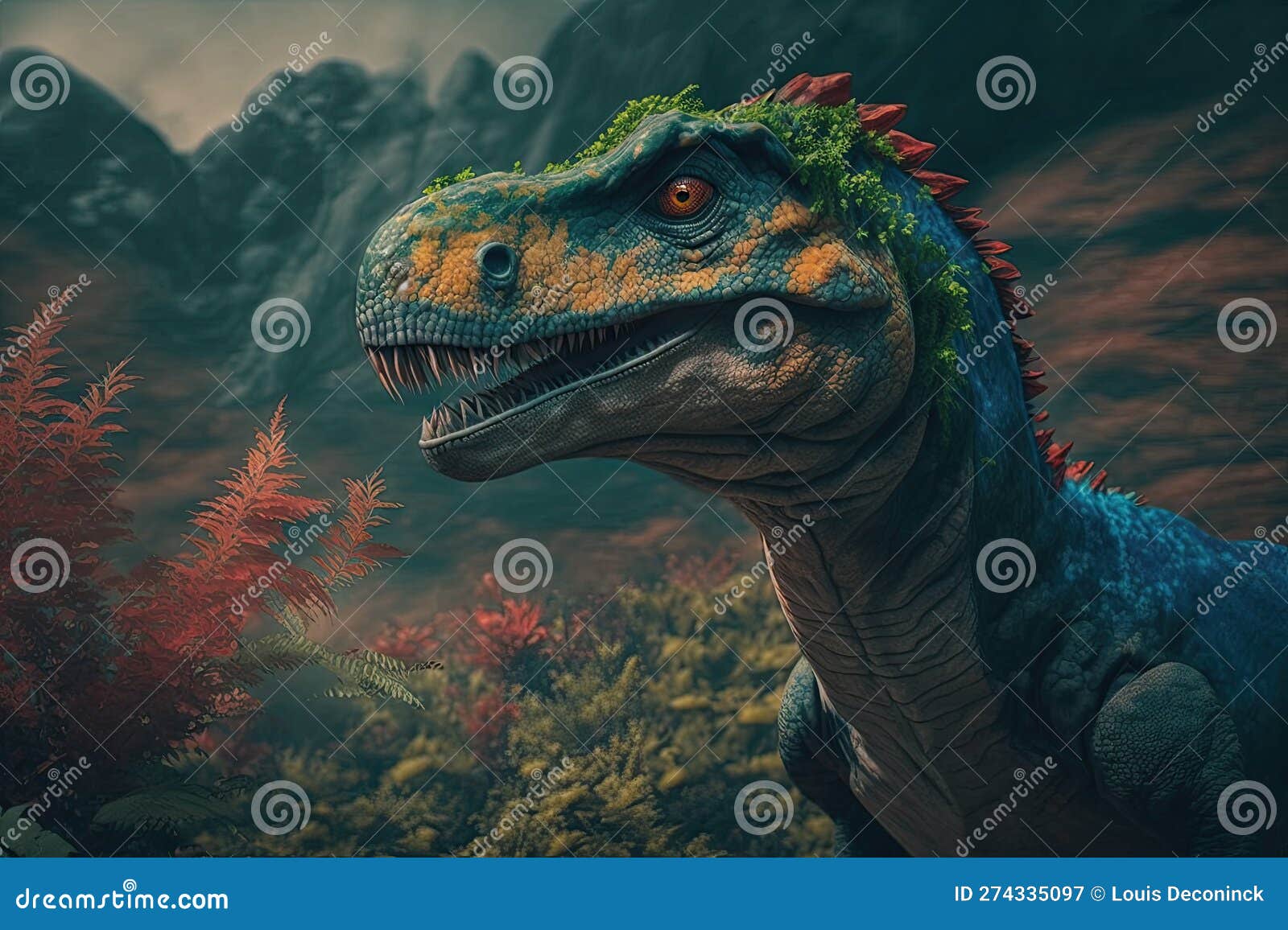 jobaria colorful dangerous dinosaur in lush prehistoric nature by generative ai