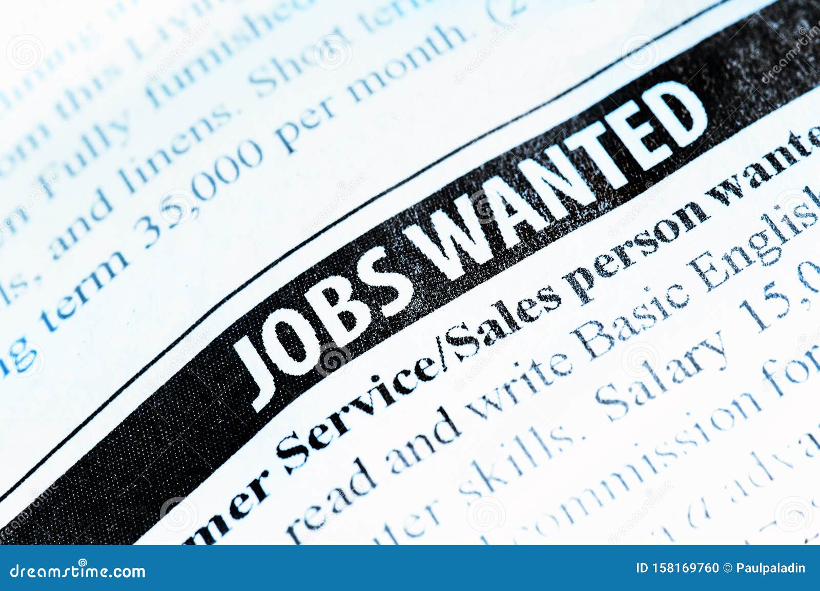 Jobs Wanted newspaper ad stock photo. Image of employ - 18