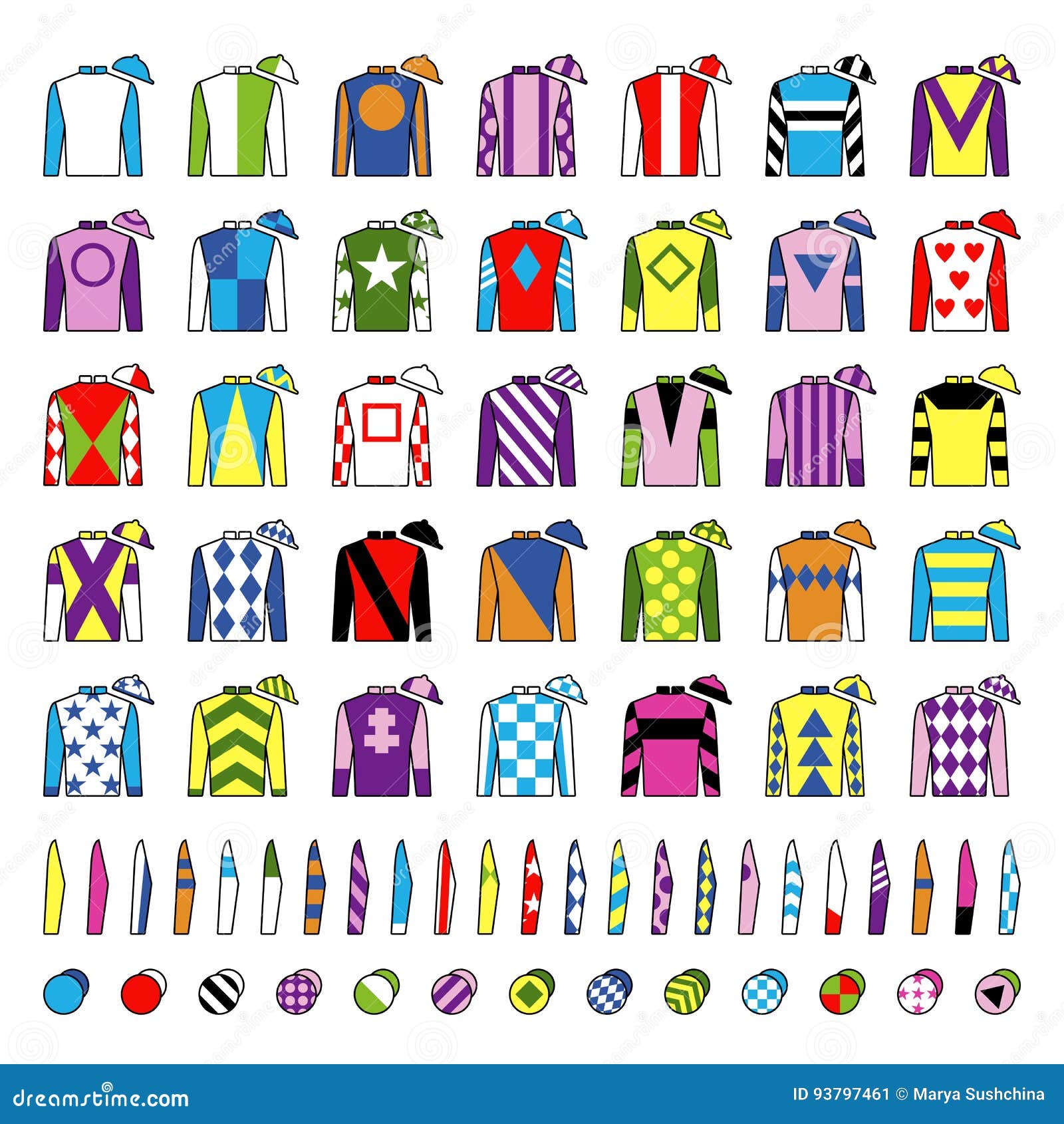 jockey uniform. traditional . jackets, silks, sleeves and hats. horse riding. horse racing. icons set.  on