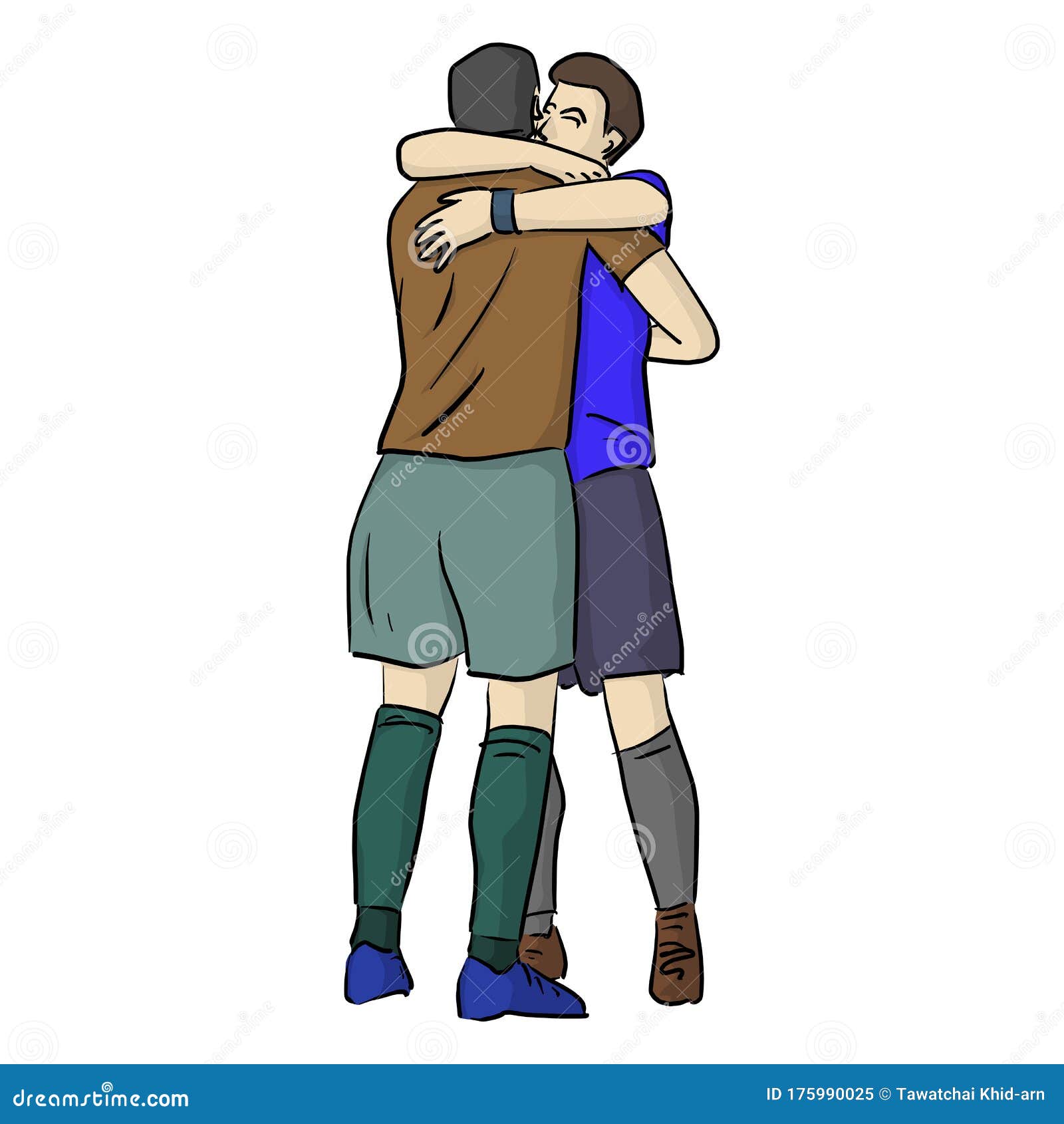 desenho de uma linha contínua dois jogadores de futebol se abraçam. dois  amistosos caminhando juntos após o término da partida. jogadores de futebol  masculino comemorando gol com abraço. vetor de design de