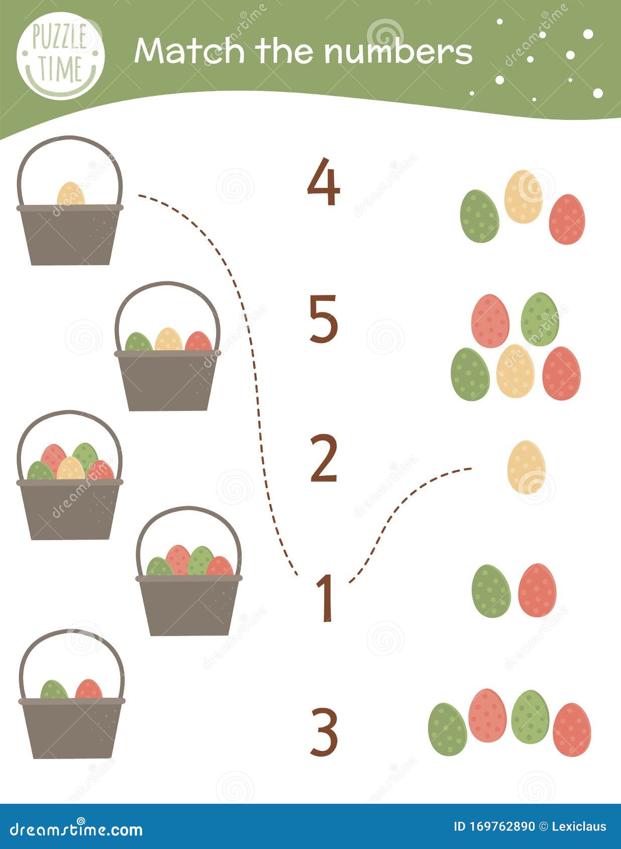 Página para colorir com uma cesta de páscoa cheia de ovos. colorir por  números. jogo de matemática para crianças.