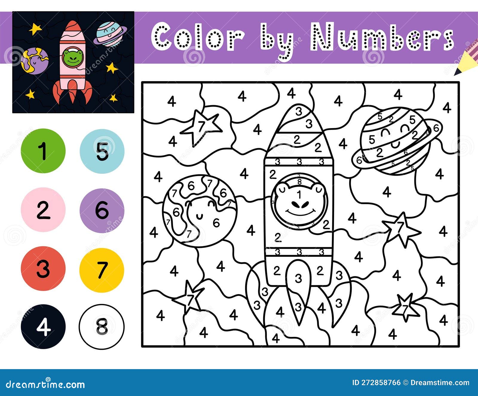 Jogo de cores por números para crianças página para colorir com uma raposa  fofa na floresta planilha para impressão com solução