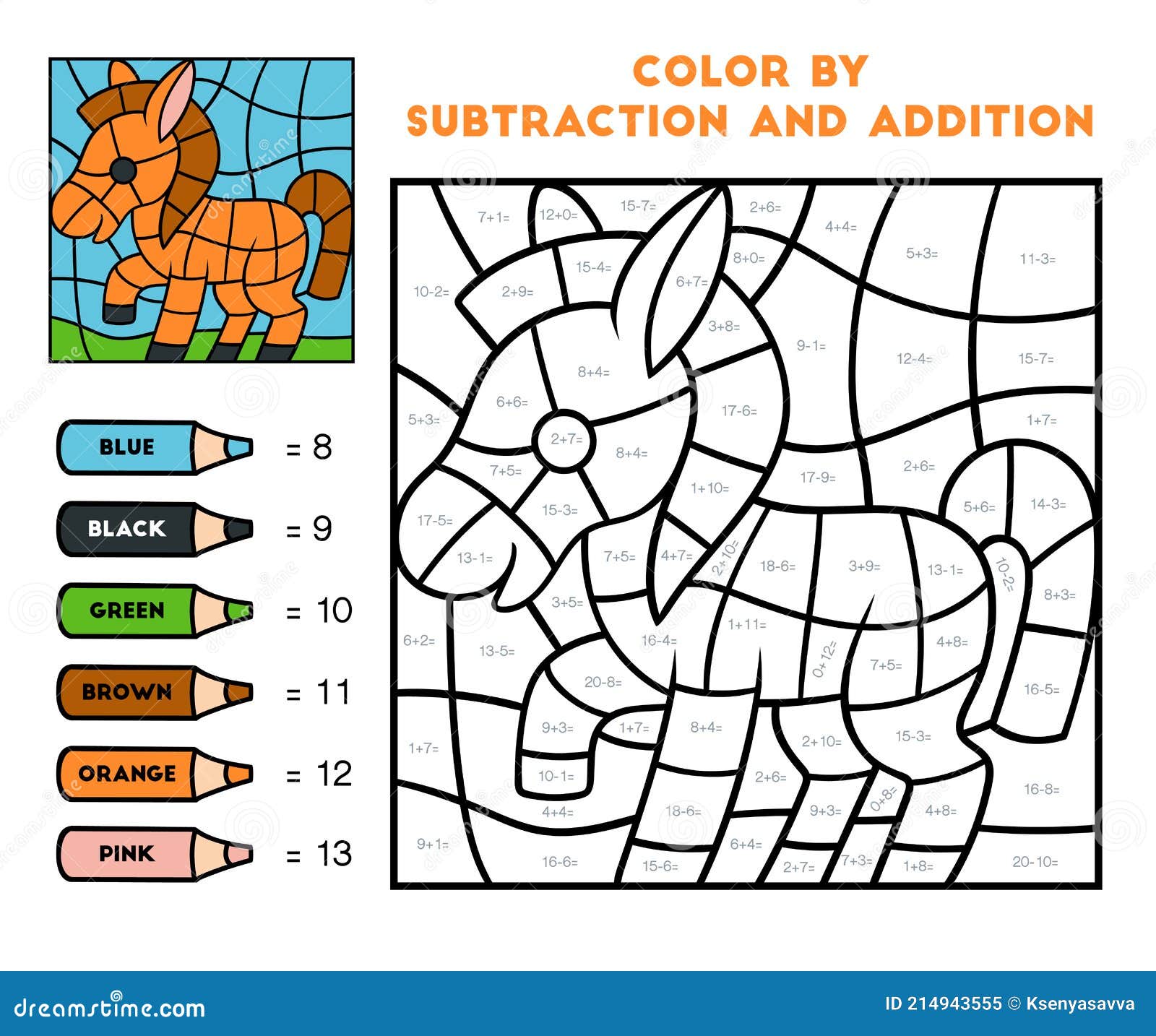 Jogo De Educação Colorido Por Adição E Subtração Para Cavalos Para Crianças  Ilustração do Vetor - Ilustração de vila, lazer: 214943555