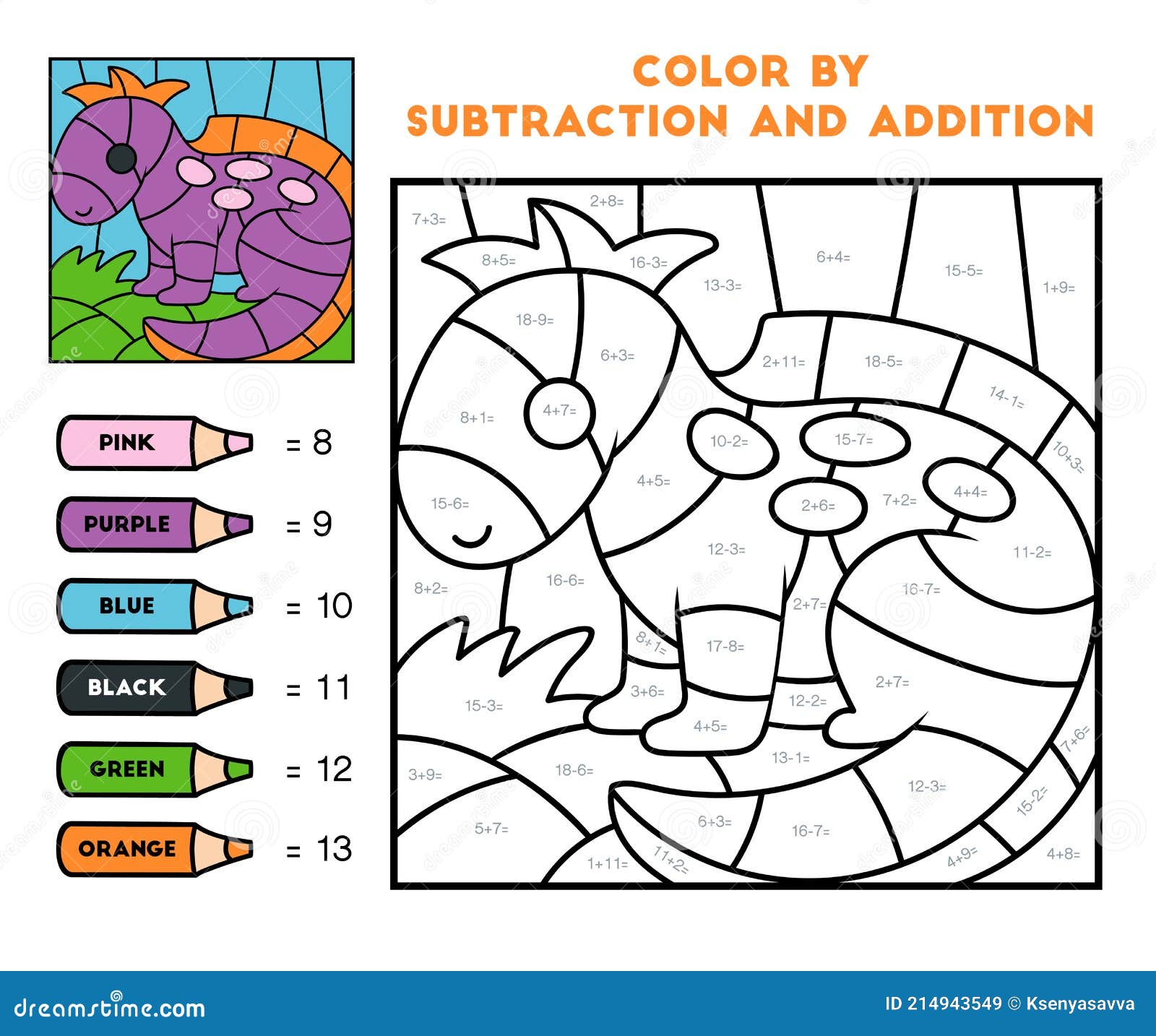 Jogo De Educação Colorido Por Adição E Subtração Para O Dinossauro Infantil  Ilustração do Vetor - Ilustração de enigma, figura: 214943549