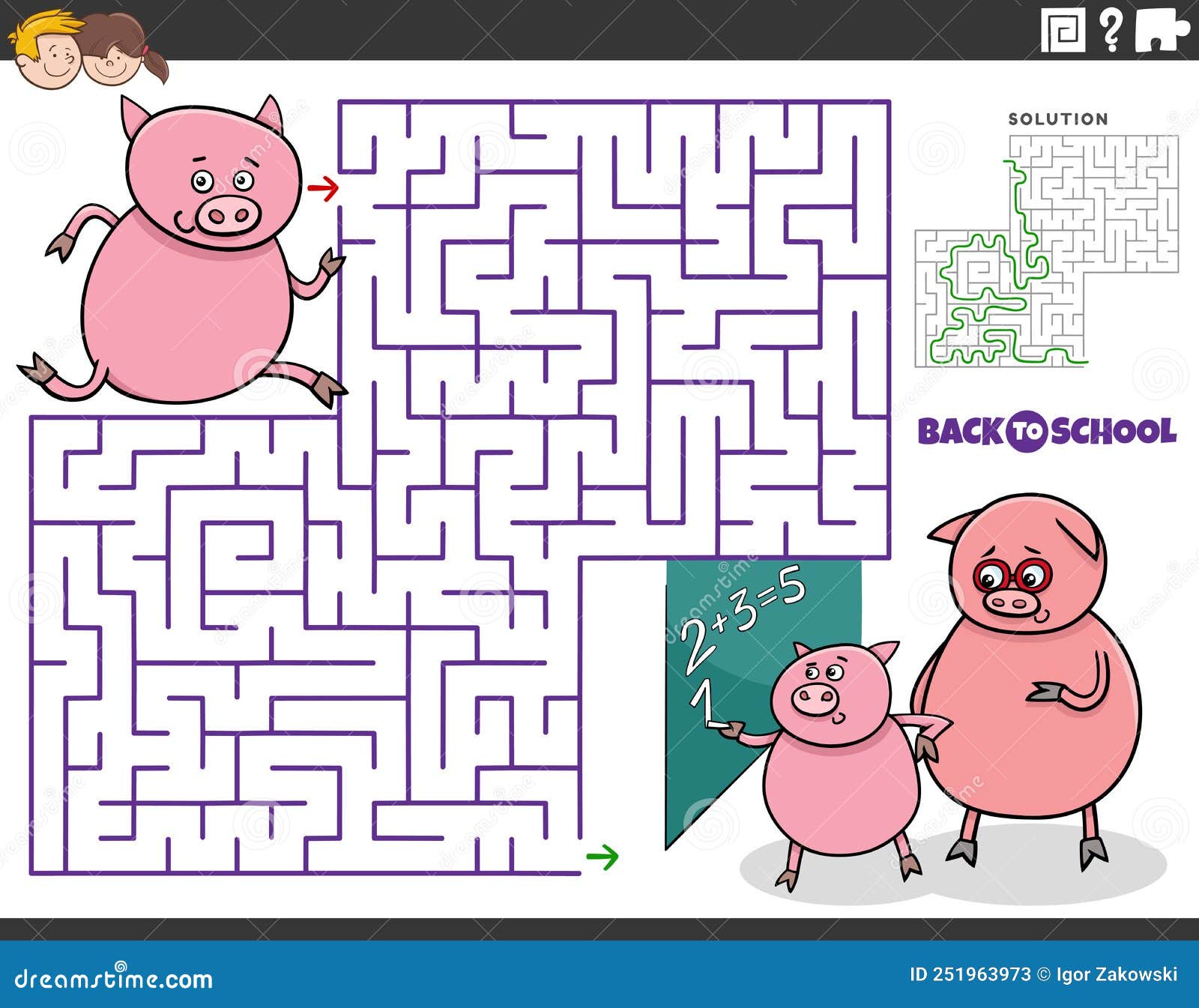 Jogo educativo de labirinto com ônibus kawaii e escola